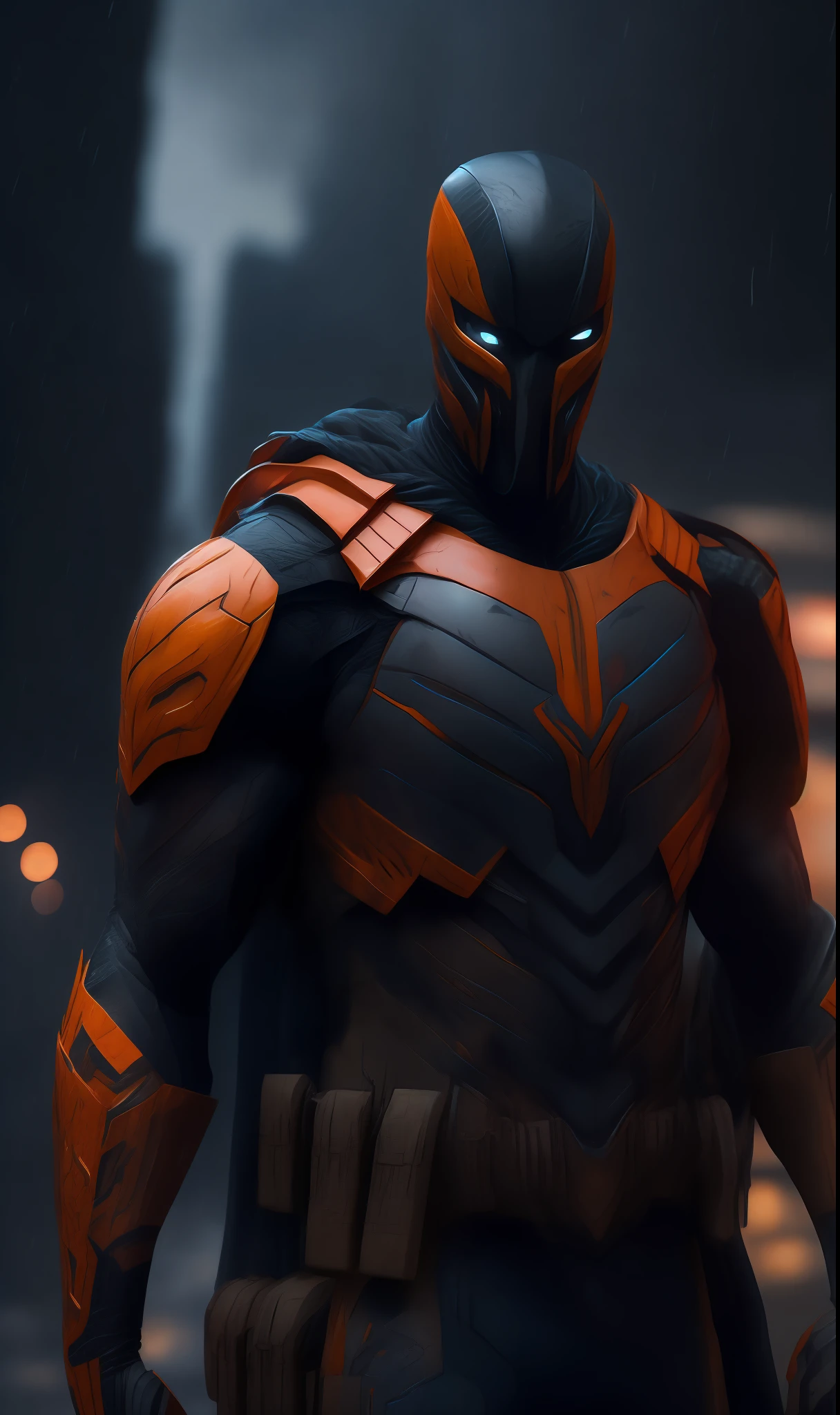 photo of Evil Deathstroke from DC standing outside the city 17, rainy, rtx, octane, unreal