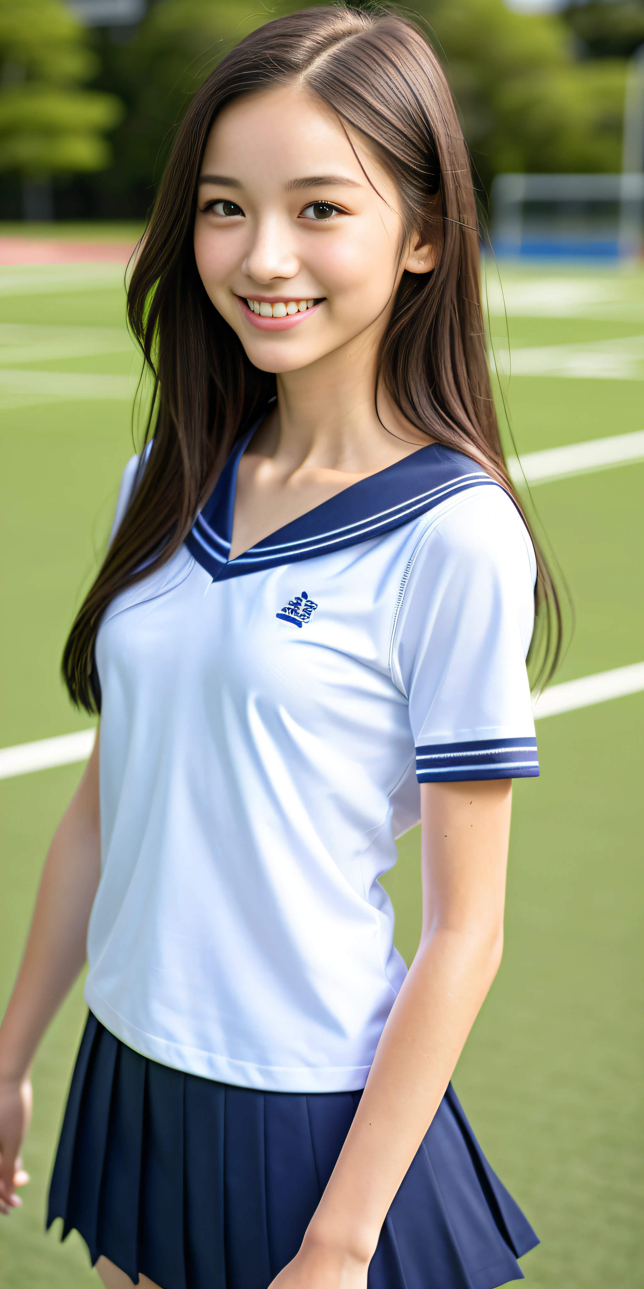 neat college girl, petite, (school uniform, Y-shirt, summer clothes), outside the athletic field, (slim), photorealistic, detail, skin texture, ultra detail, delicate and sexy collarbone, smile, super detailed face, detailed lips, detailed eyes, double eyelids, small breasts, small breasts, small, flat breasts, breast enhancement