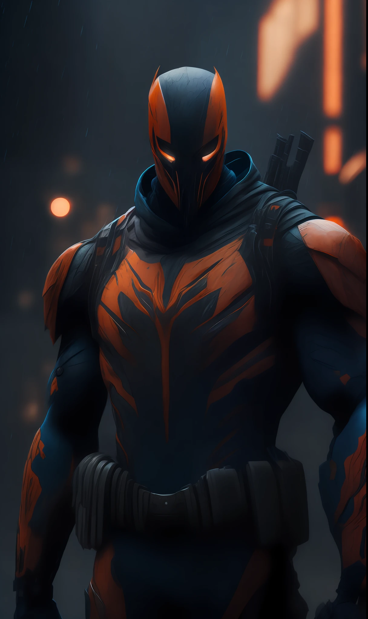 photo of Evil Deathstroke from DC standing outside the city 17, rainy, rtx, octane, unreal