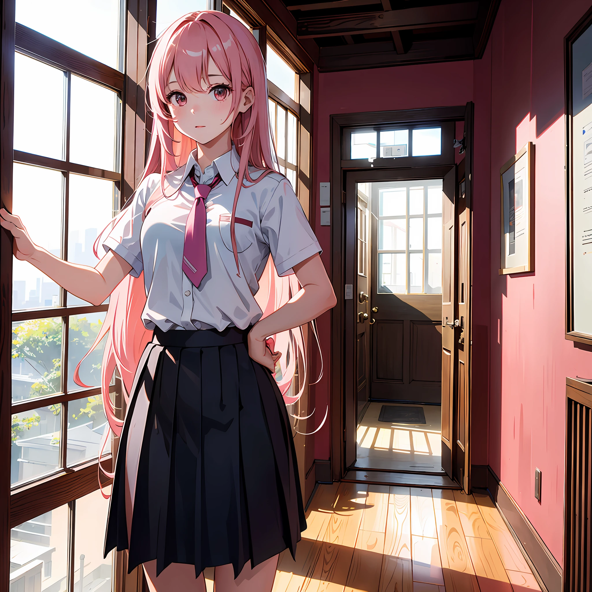 Ultra high resolution, 16k, ((masterpiece)), ((best quality))), ((ultra-detailed)), upper body view, a girl, long pink hair, student uniform, standing in the hallway