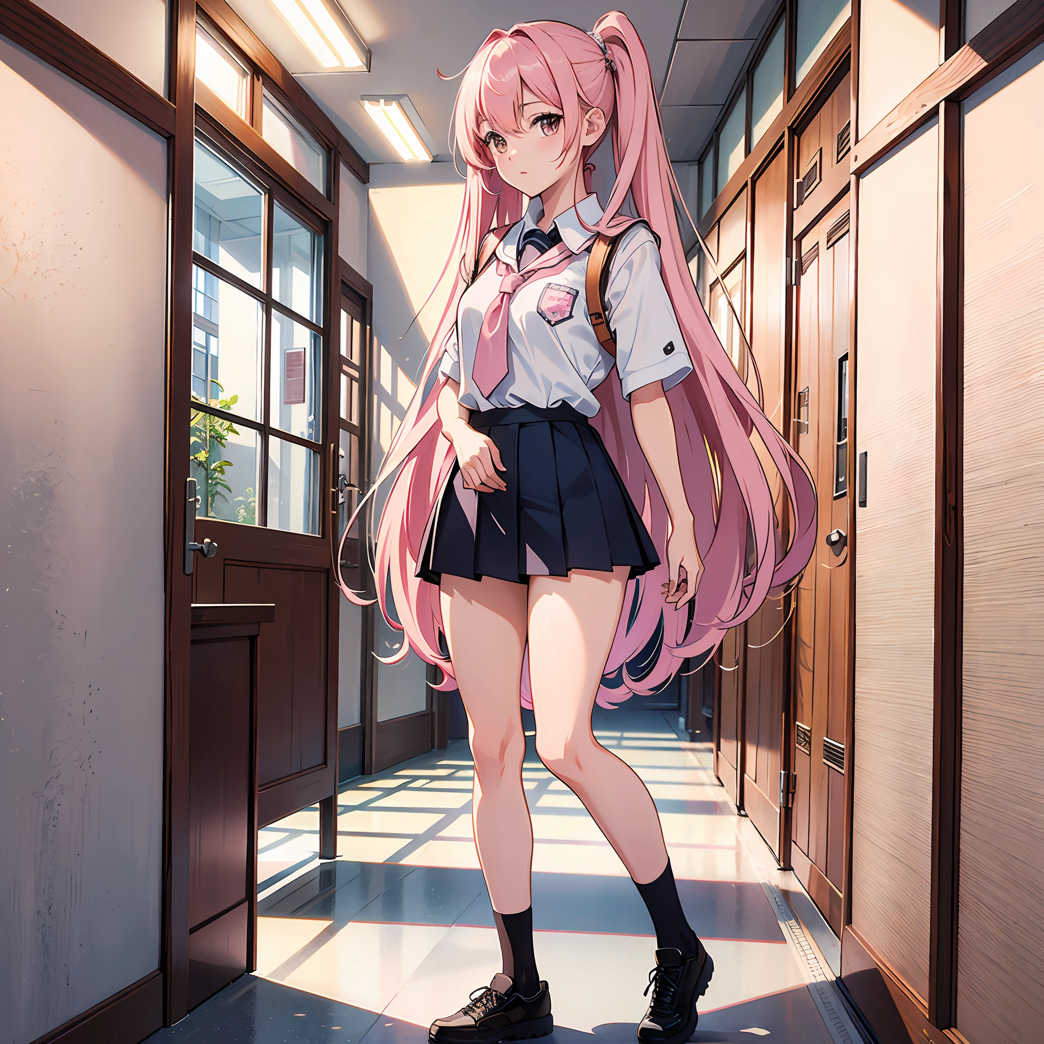 Ultra high resolution, 16k, ((masterpiece)), ((best quality))), ((ultra-detailed)), upper body view, a girl, long pink hair, student uniform, standing in the hallway