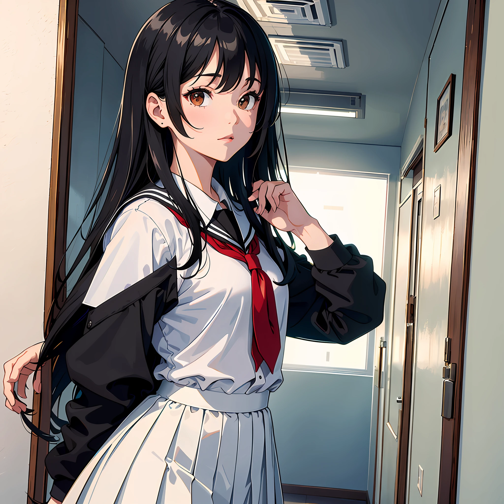 Ultra high resolution, 16k, ((masterpiece)), ((best quality))), ((super detailed)), upper body view, a girl, long black hair, student uniform, standing in the hallway