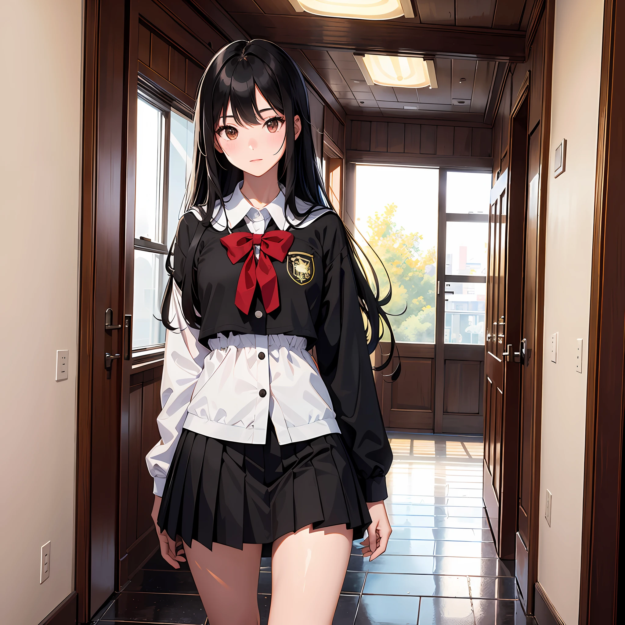 Ultra high resolution, 16k, ((masterpiece)), ((best quality))), ((super detailed)), upper body view, a girl, long black hair, student uniform, standing in the hallway