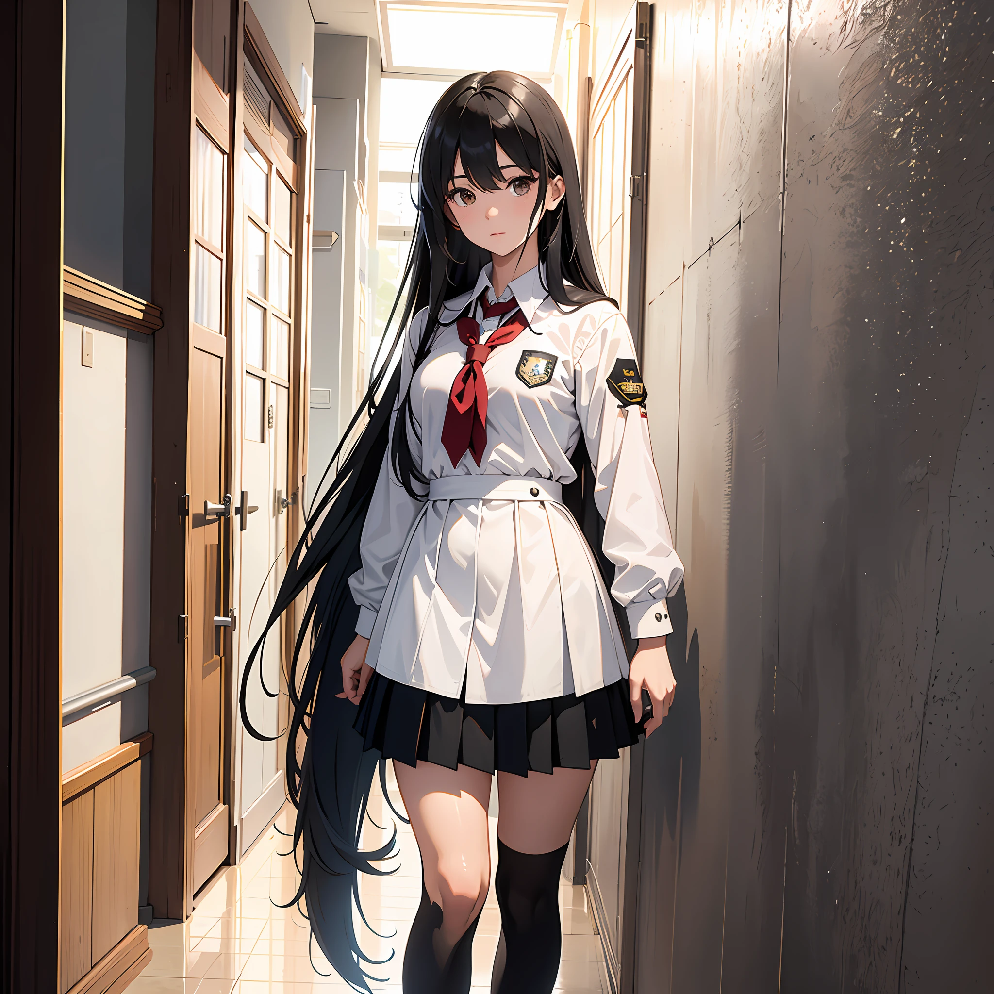 Ultra high resolution, 16k, ((masterpiece)), ((best quality))), ((super detailed)), upper body view, a girl, long black hair, student uniform, standing in the hallway