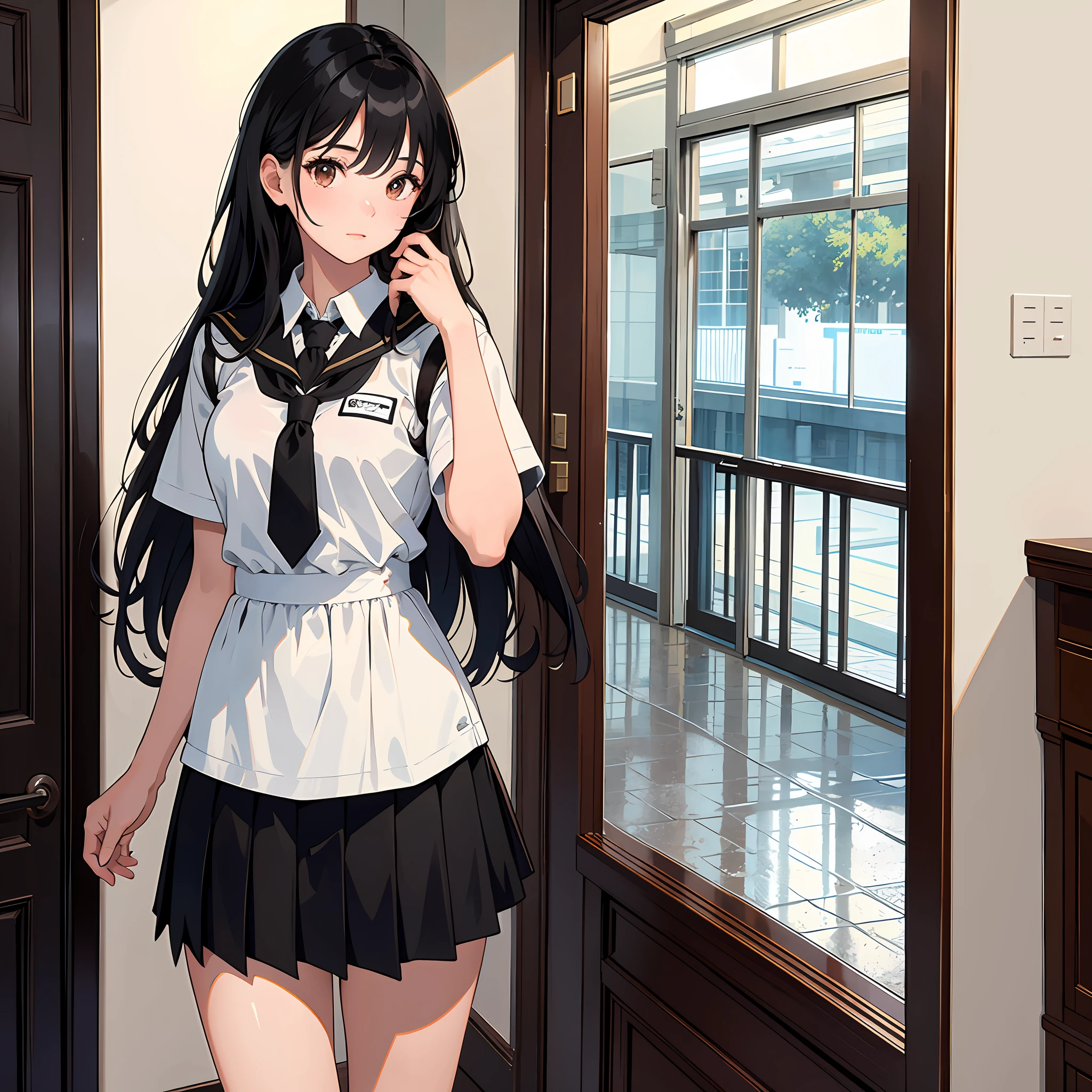 Ultra high resolution, 16k, ((masterpiece)), ((best quality))), ((super detailed)), upper body view, a girl, long black hair, student uniform, standing in the hallway