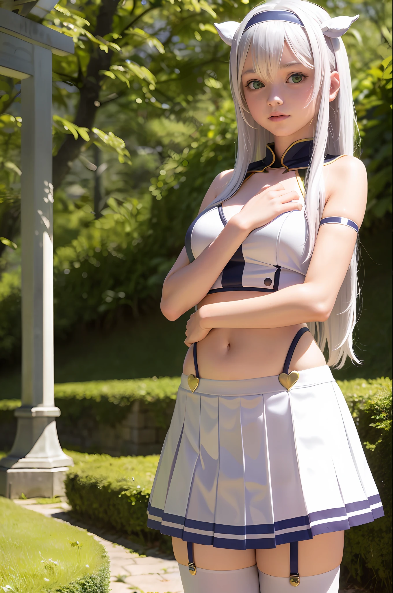 best quality, masterpiece, (photo realisti:1.4), beautiful girl, 16, years old, japanese girl,White hair, green eyes, capelet, crop top, frown, gold trim, hair band, long hair, looking at viewer, midriff, miniskirt, navel, pleated skirt, shirt, skirt, stomach, white shirt, White skirt, sistineFibeldef, sistineFibelrnd, looking up, upper body