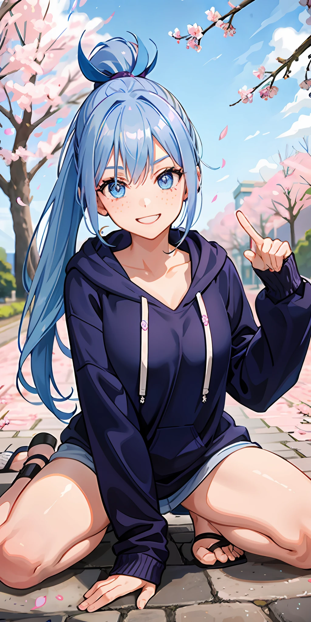 1girl, blue hair, ponytail hair, blue eyes, freckles, medium tits, blue hoodie with purple, smiling, sakura trees, sakura leaves on the floor