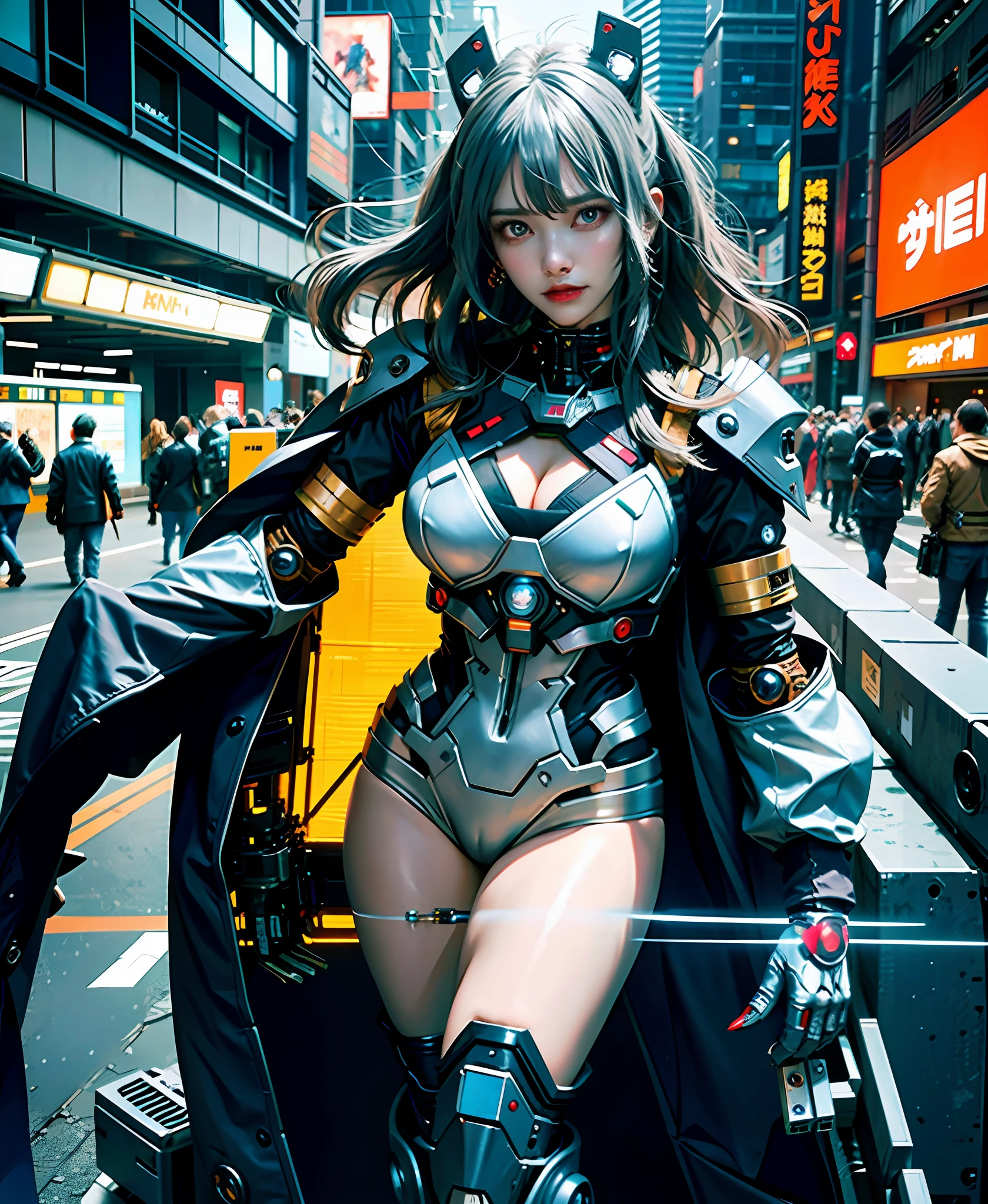 Gray hair, long fluttering hair, strong wind, orange eyes, glowing eyes, cyberpunk girl, big, face, chest and thighs are raw, cleavage is visible. Photoreal, Portfolio, Gundam-style metal mech suit, cyberpunk, metallic, collection of small parts, detailed mecha parts, thin tube bundles, metal cylinders, detailed neon, fine LEDs, detailed parts