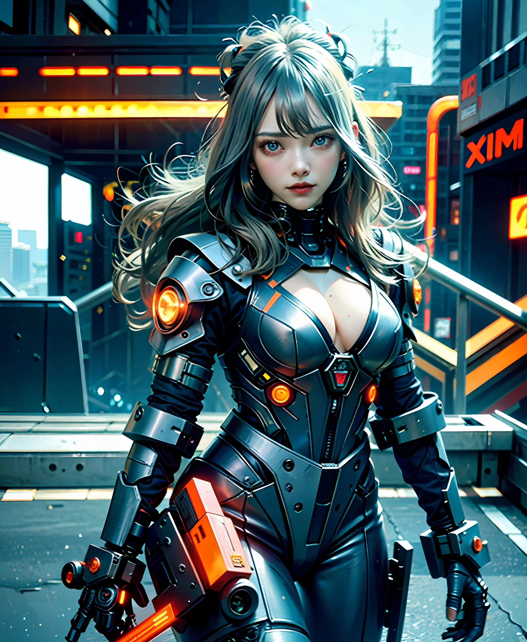 Gray hair, long fluttering hair, strong wind, orange eyes, glowing eyes, cyberpunk girl, big, face, chest and thighs are raw, cleavage is visible. Photoreal, Portfolio, Gundam-style metal mech suit, cyberpunk, metallic, collection of small parts, detailed mecha parts, thin tube bundles, metal cylinders, detailed neon, fine LEDs, detailed parts