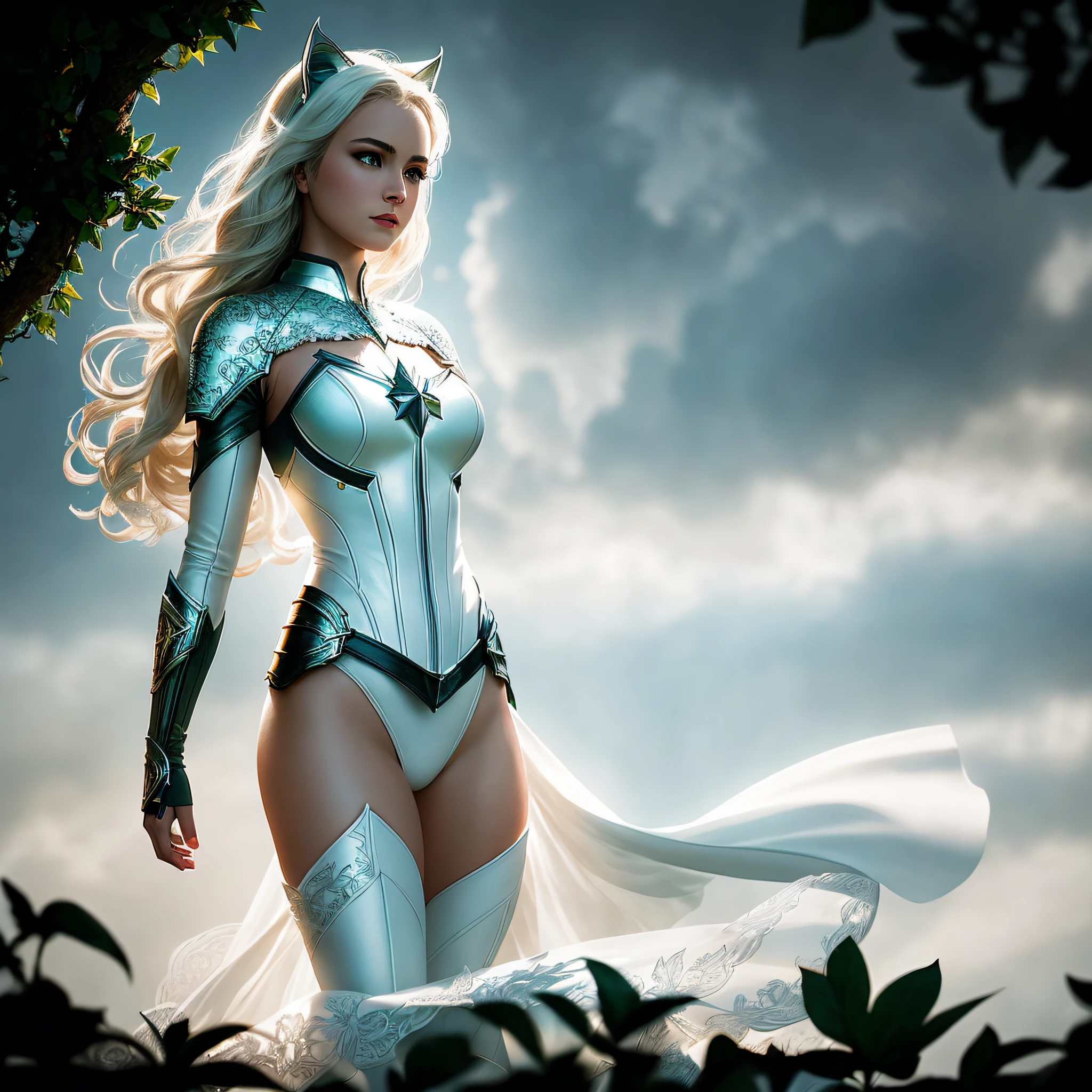 An enchanting, detailed, imaginative image of White Catwoman, an enigmatic superhero in the tradition of Captain Marvel and The Dark Knight, standing defiantly against a massive, swirling cloud. Her attire is adorned with intricate filigree patterns, emphasizing the sheer scale of her costume and her powers. The sunlight filters through the dense foliage, casting shimmering dappled light onto the scene and emphasizing the beauty of the scene. macro lens, slow shutter speed, shallow depth of field