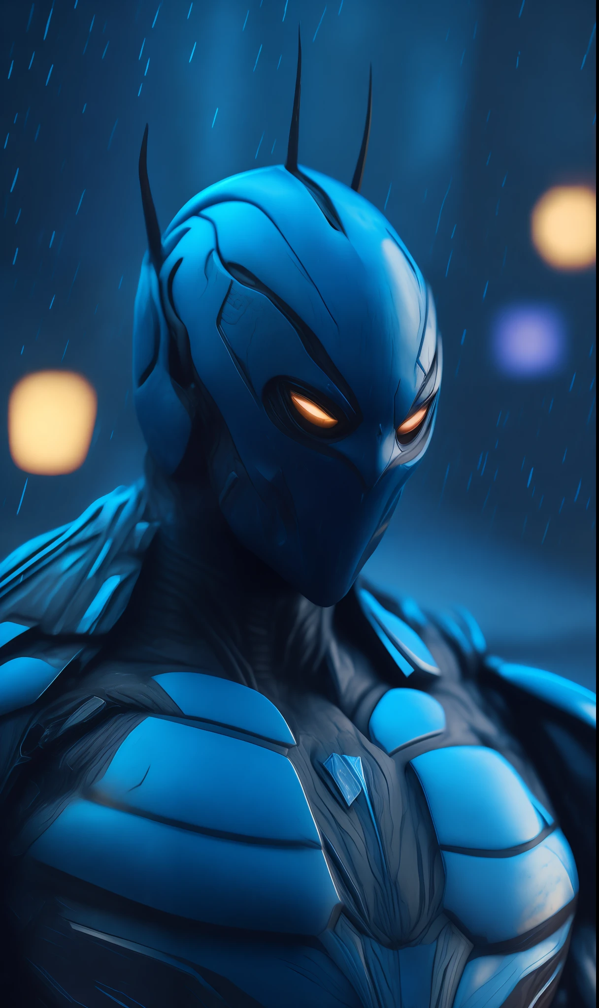 Photo of Blue Beetle from DC standing outside the city 17, rainy, rtx, octane, unreal