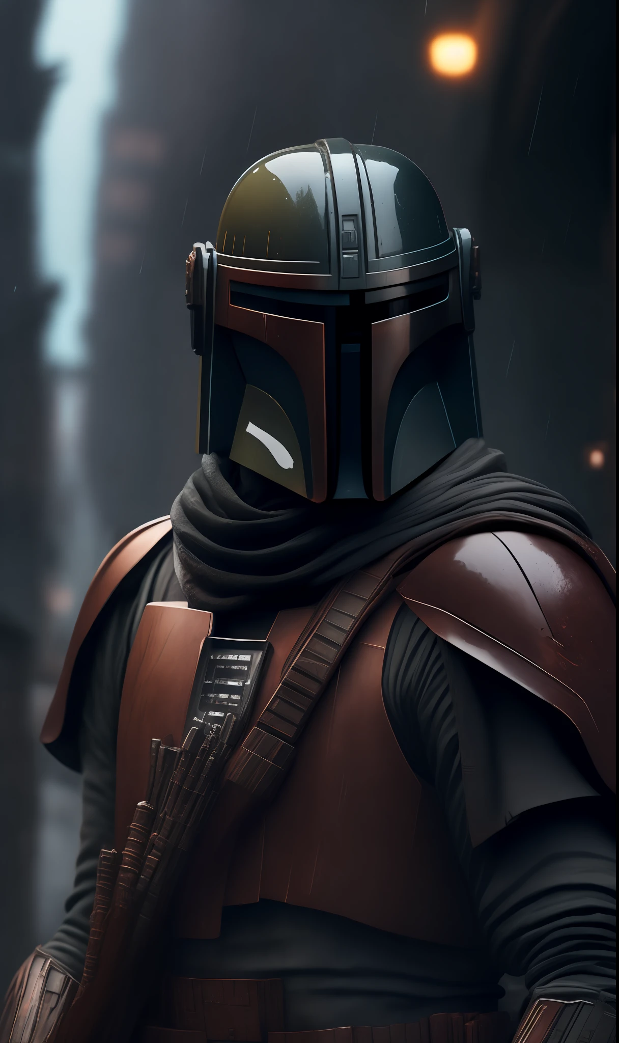 Photo of Mandalorian from Star Wars, standing outside the city 17, rainy, rtx, octane, unreal
