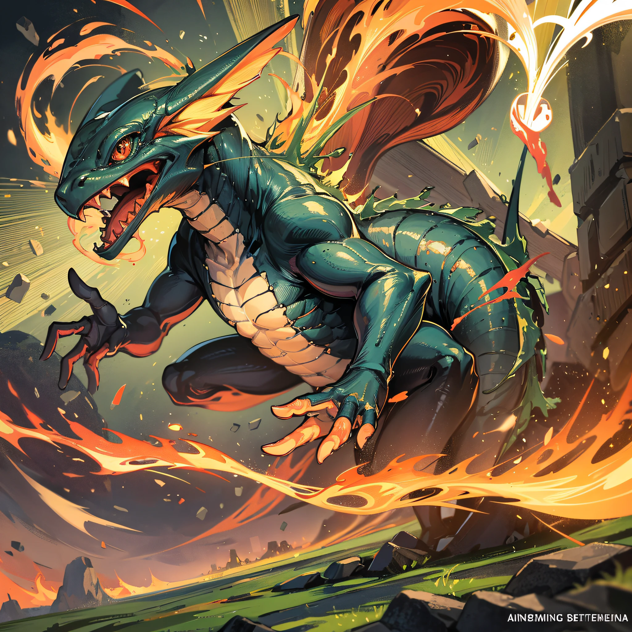 Imagine a salamander engulfed in flames. How would you illustrate the heat and light emitted by this creature in a non-realistic drawing format that resembles an rpg game --auto --s2
