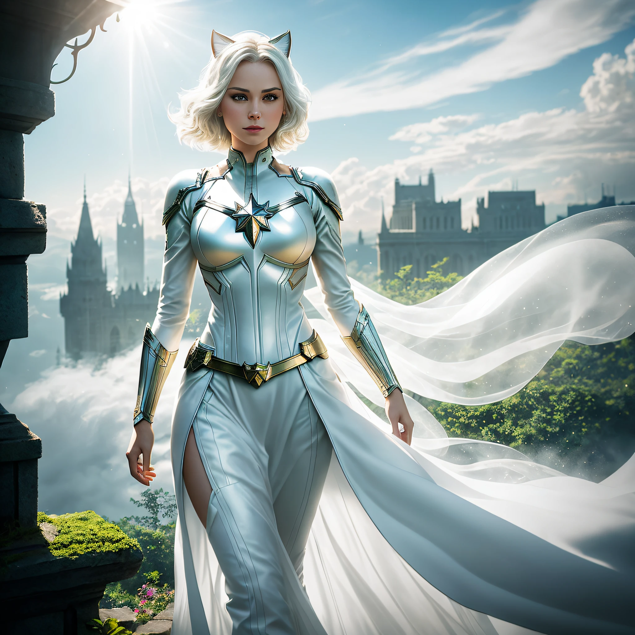 An enchanting, detailed, imaginative image of White Catwoman, an enigmatic superhero in the tradition of Captain Marvel and The Dark Knight, standing defiantly against a massive, swirling cloud. Her attire is adorned with intricate filigree patterns, emphasizing the sheer scale of her costume and her powers. The sunlight filters through the dense foliage, casting shimmering dappled light onto the scene and emphasizing the beauty of the scene. macro lens, slow shutter speed, shallow depth of field