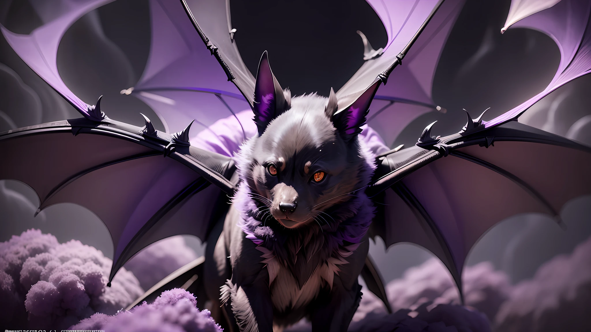 a bat flying through purple smoke on a black background, very detailed, shot on a Nikon Z7 II and Nikon NIKKOR Z 105mm f/2.8 VR S, chiaroscuro, hyperrealism, luminism, hd, 4k, 8k, best quality, UHD, masterpiece, super detail, best quality --auto --s2