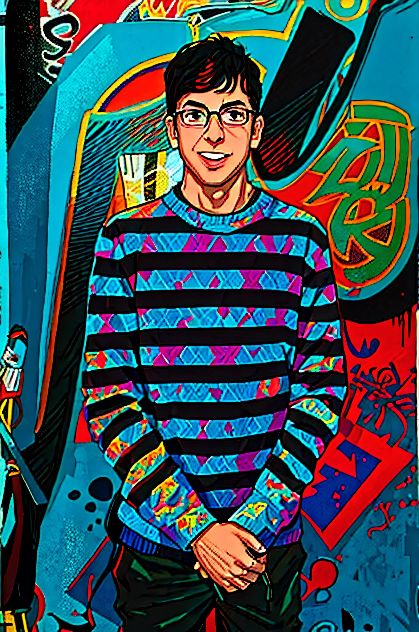 arafed man in glasses standing in front of a graffiti wall, rob janoff, justin kohn, taken in the late 2010s, john egbert, jewish young man with glasses, inspired by Josh Bayer, inspired by Ryan Pancoast, full body portrait shot, ricky berwick, taken in the late 2000s, bradley wright