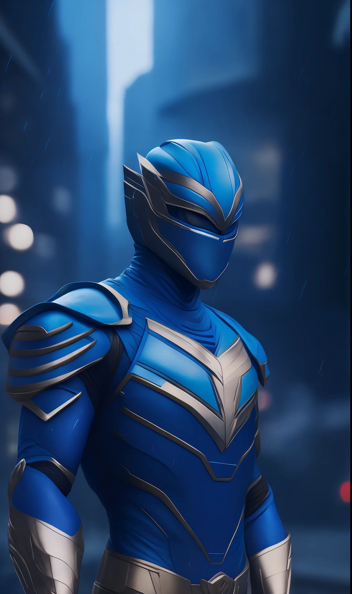 Photo of Blue Ranger from Power Rangers standing outside the city 17, rainy, rtx, octane, unreal
