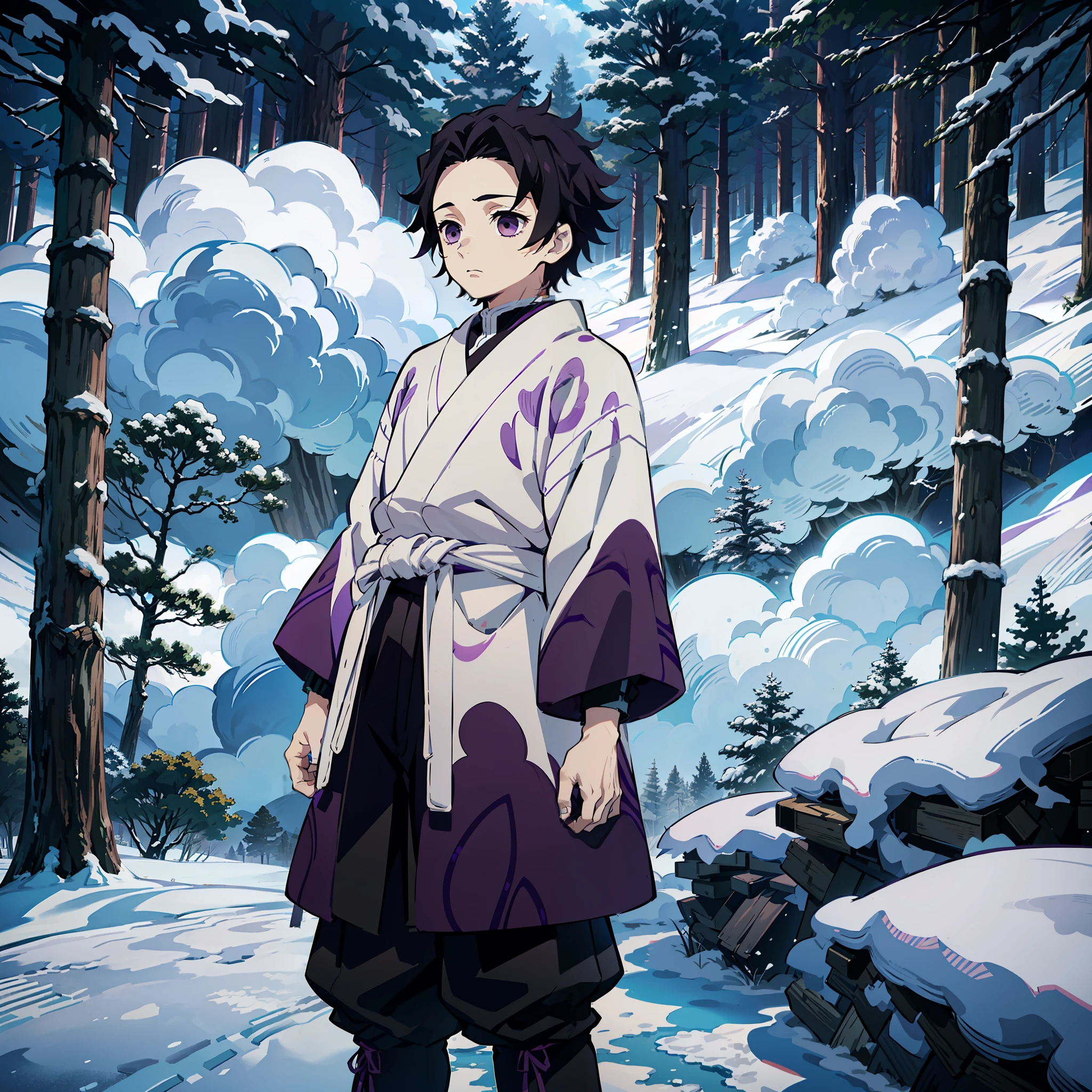 anime, (best quality), boy standing still (young and small), (snowy forest with sunrise), messy black hair (short), ((emotionless gray eyes)), Japanese clothes, open purple coat ((purple with cloud print pattern)), ((a hem at the waist)), demon slayer art, demon slayer artstyle, kimetsu no yaiba