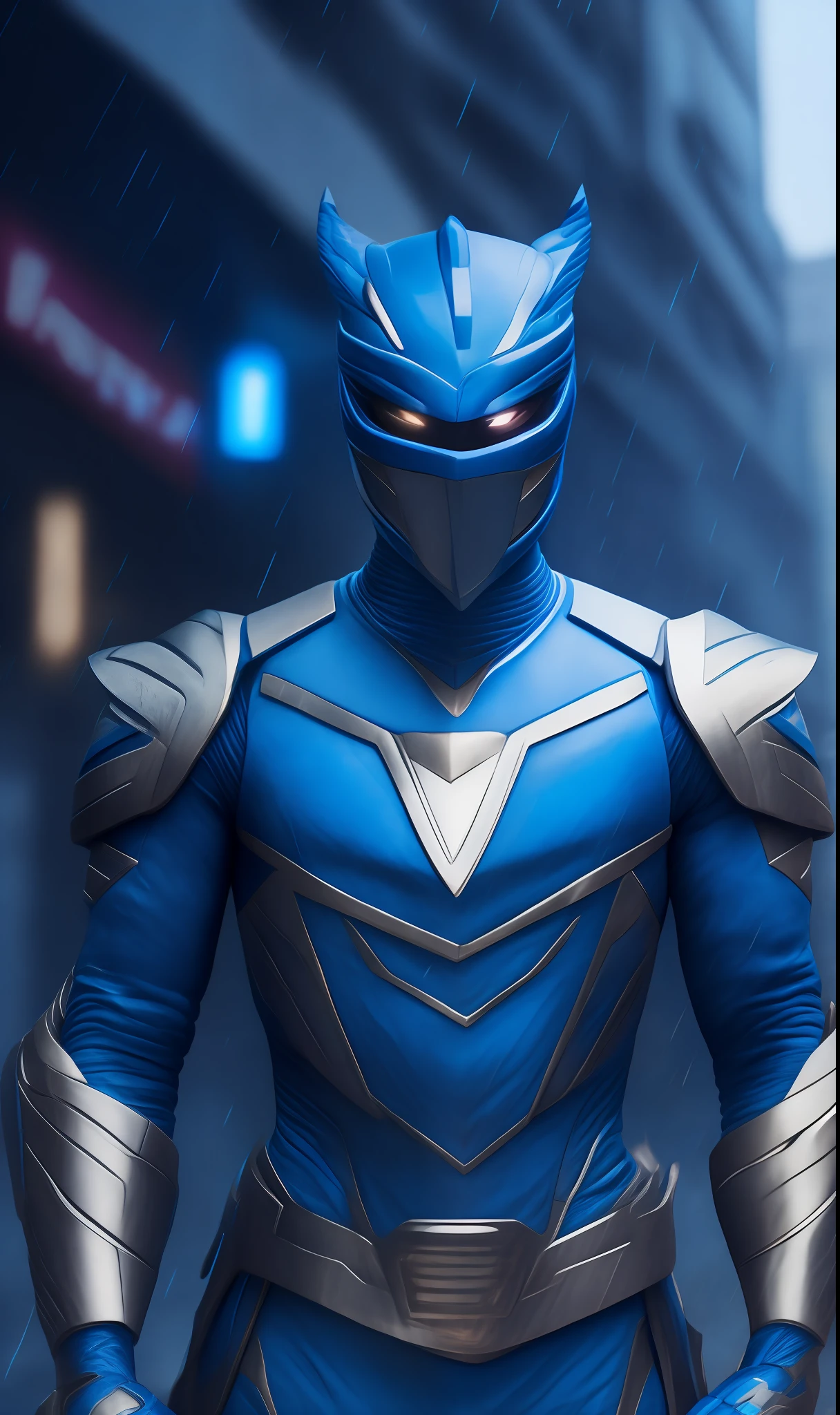 Photo of Blue Ranger from Power Rangers standing outside the city 17, rainy, rtx, octane, unreal