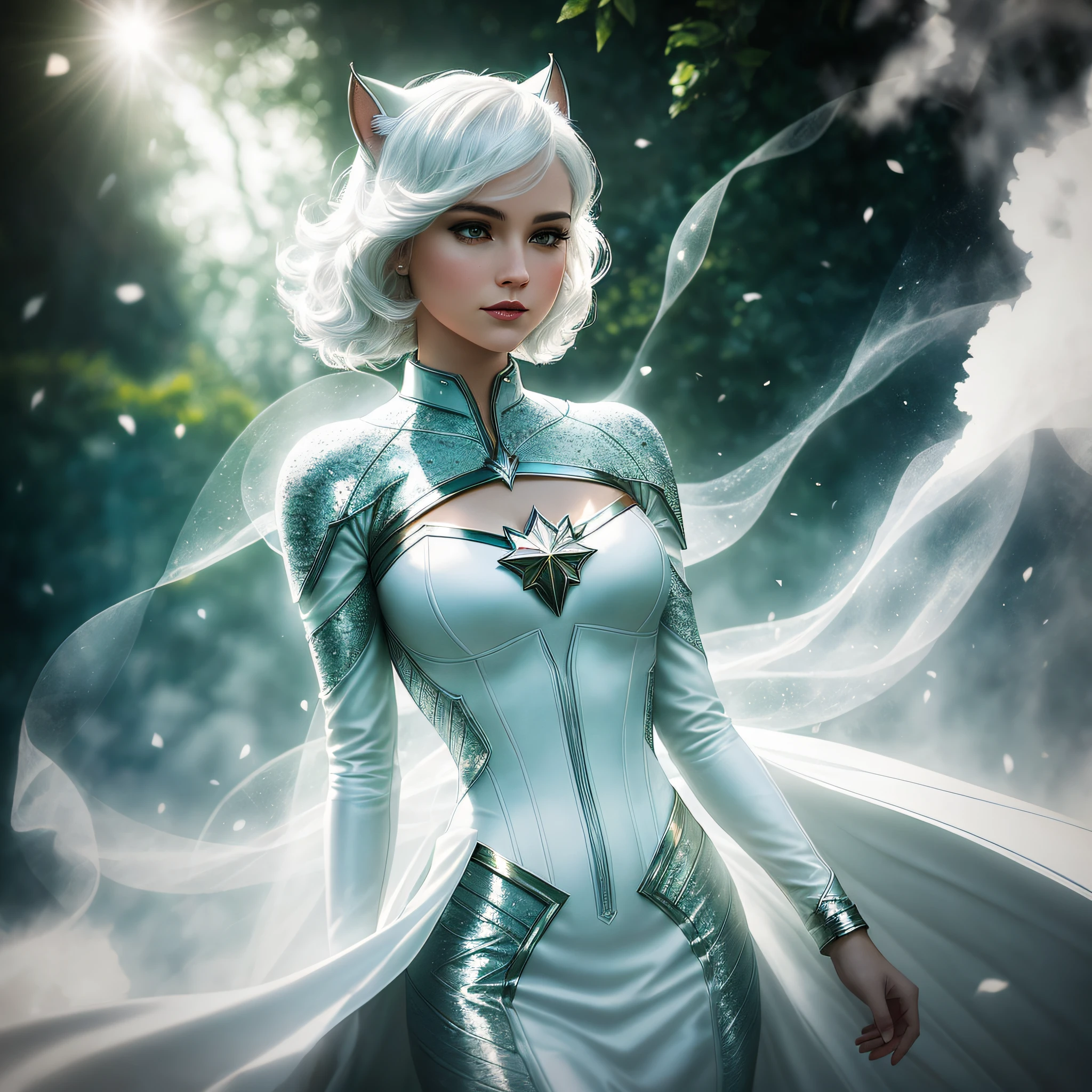 An enchanting, detailed, imaginative image of White Catwoman, an enigmatic superhero in the tradition of Captain Marvel and The Dark Knight, standing defiantly against a massive, swirling cloud. Her attire is adorned with intricate filigree patterns, emphasizing the sheer scale of her costume and her powers. The sunlight filters through the dense foliage, casting shimmering dappled light onto the scene and emphasizing the beauty of the scene. macro lens, slow shutter speed, shallow depth of field