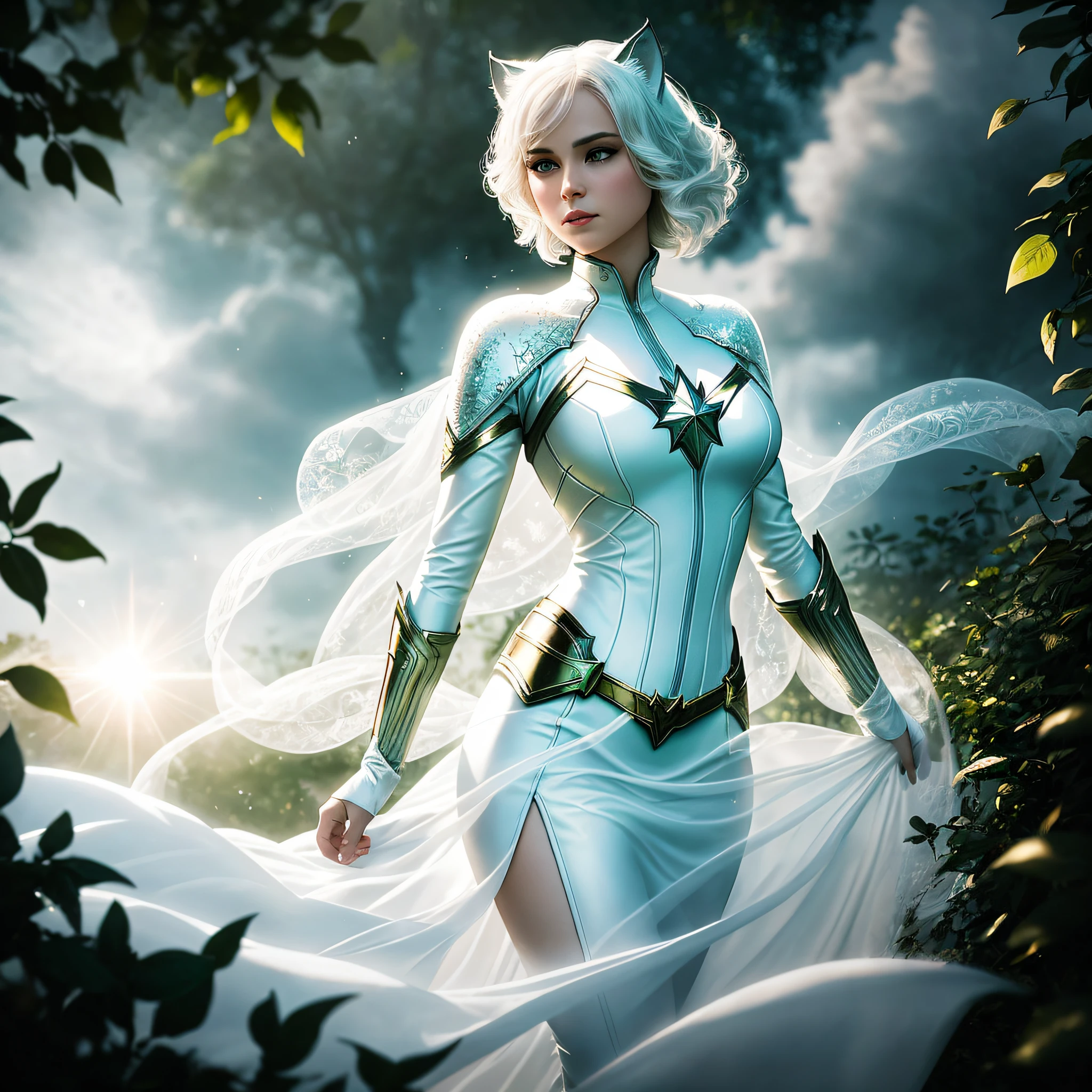 An enchanting, detailed, imaginative image of White Catwoman, an enigmatic superhero in the tradition of Captain Marvel and The Dark Knight, standing defiantly against a massive, swirling cloud. Her attire is adorned with intricate filigree patterns, emphasizing the sheer scale of her costume and her powers. The sunlight filters through the dense foliage, casting shimmering dappled light onto the scene and emphasizing the beauty of the scene. macro lens, slow shutter speed, shallow depth of field