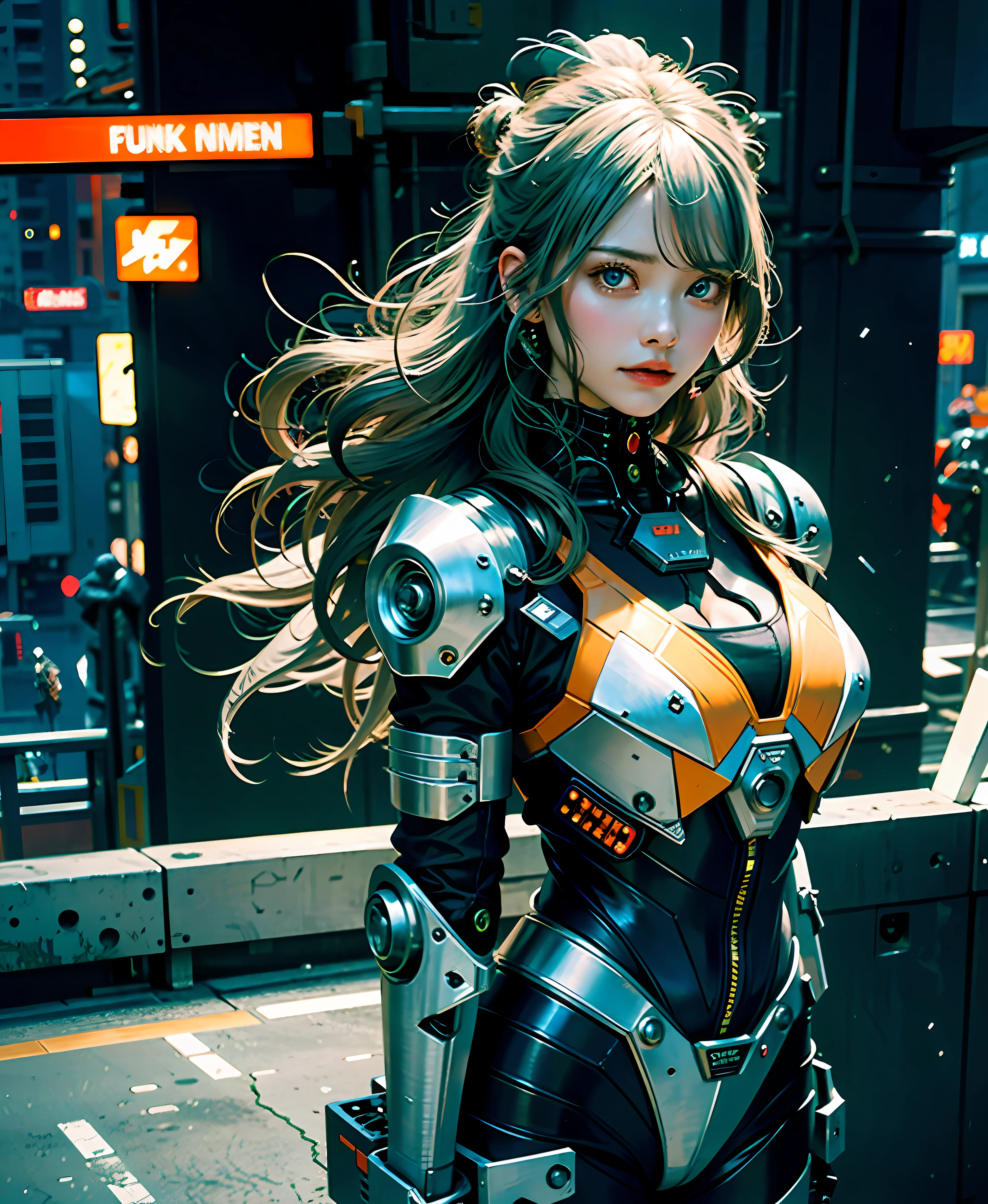 Gray hair, long fluttering hair, strong wind, orange eyes, glowing eyes, cyberpunk girl, big, face, chest and thighs are raw, cleavage is visible. Photoreal, Portfolio, Gundam-style metal mech suit, cyberpunk, metallic, collection of small parts, detailed mecha parts, thin tube bundles, metal cylinders, detailed neon, fine LEDs, detailed parts