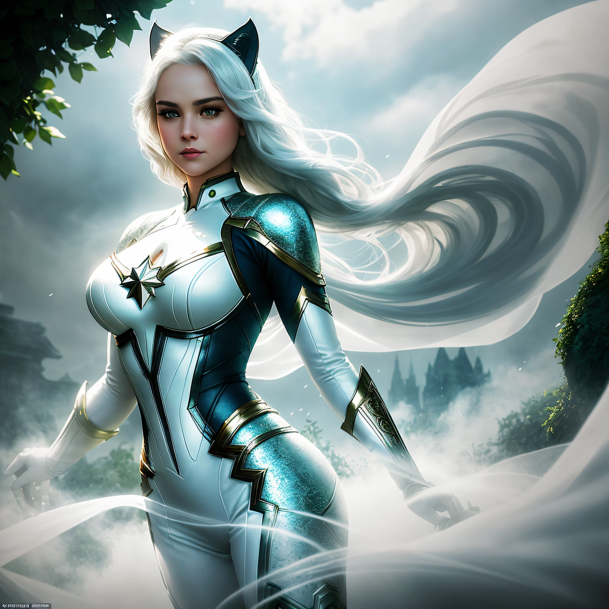 An enchanting, detailed, imaginative image of White Catwoman, an enigmatic superhero in the tradition of Captain Marvel and The Dark Knight, standing defiantly against a massive, swirling cloud. Her attire is adorned with intricate filigree patterns, emphasizing the sheer scale of her costume and her powers. The sunlight filters through the dense foliage, casting shimmering dappled light onto the scene and emphasizing the beauty of the scene. macro lens, slow shutter speed, shallow depth of field