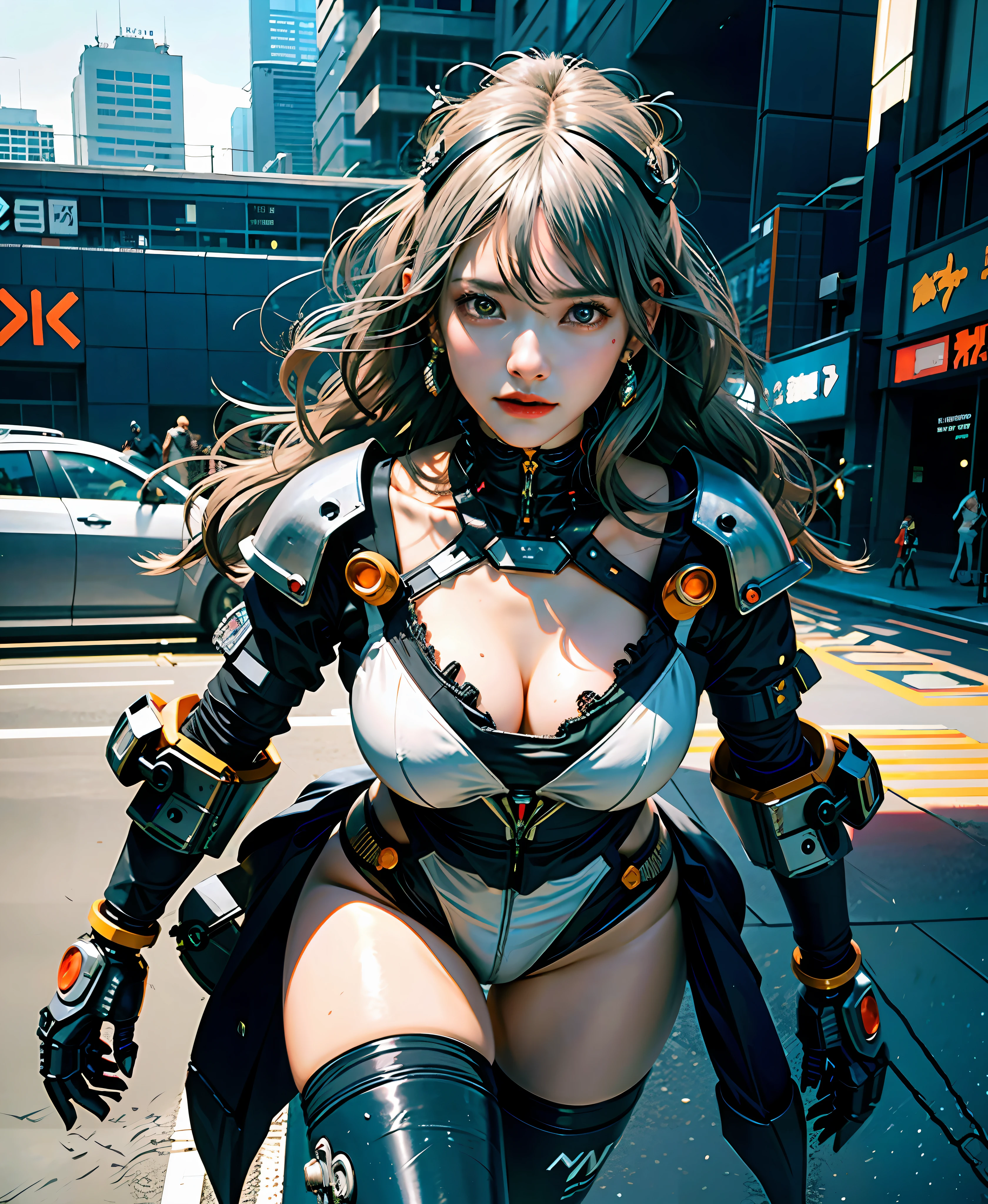 Gray hair, long fluttering hair, strong wind, orange eyes, glowing eyes, cyberpunk girl, big, face, chest and thighs are raw, cleavage is visible. Photoreal, Portfolio, Gundam-style metal mech suit, cyberpunk, metallic, collection of small parts, detailed mecha parts, thin tube bundles, metal cylinders, detailed neon, fine LEDs, detailed parts