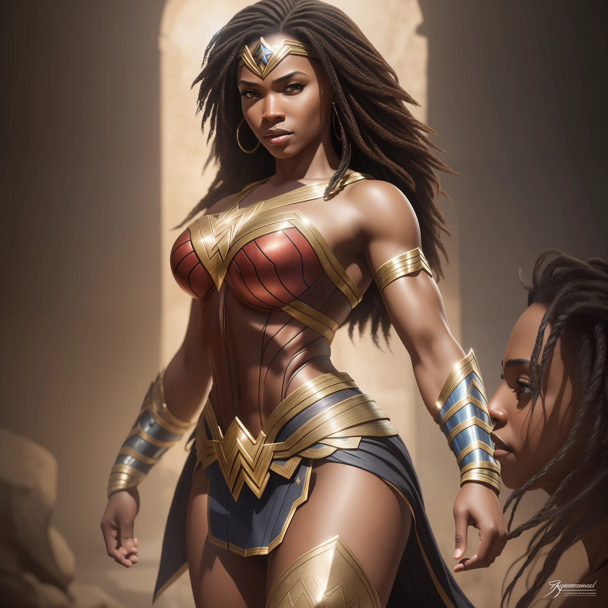 Black Wonder Woman, (realistic:1.3), finely detailed, quality, rembrandt lighting, (masterpiece:1.2), (photorealistic:1.2), (best quality), (detailed skin:1.3), (intricate details), dramatic, ray tracing,