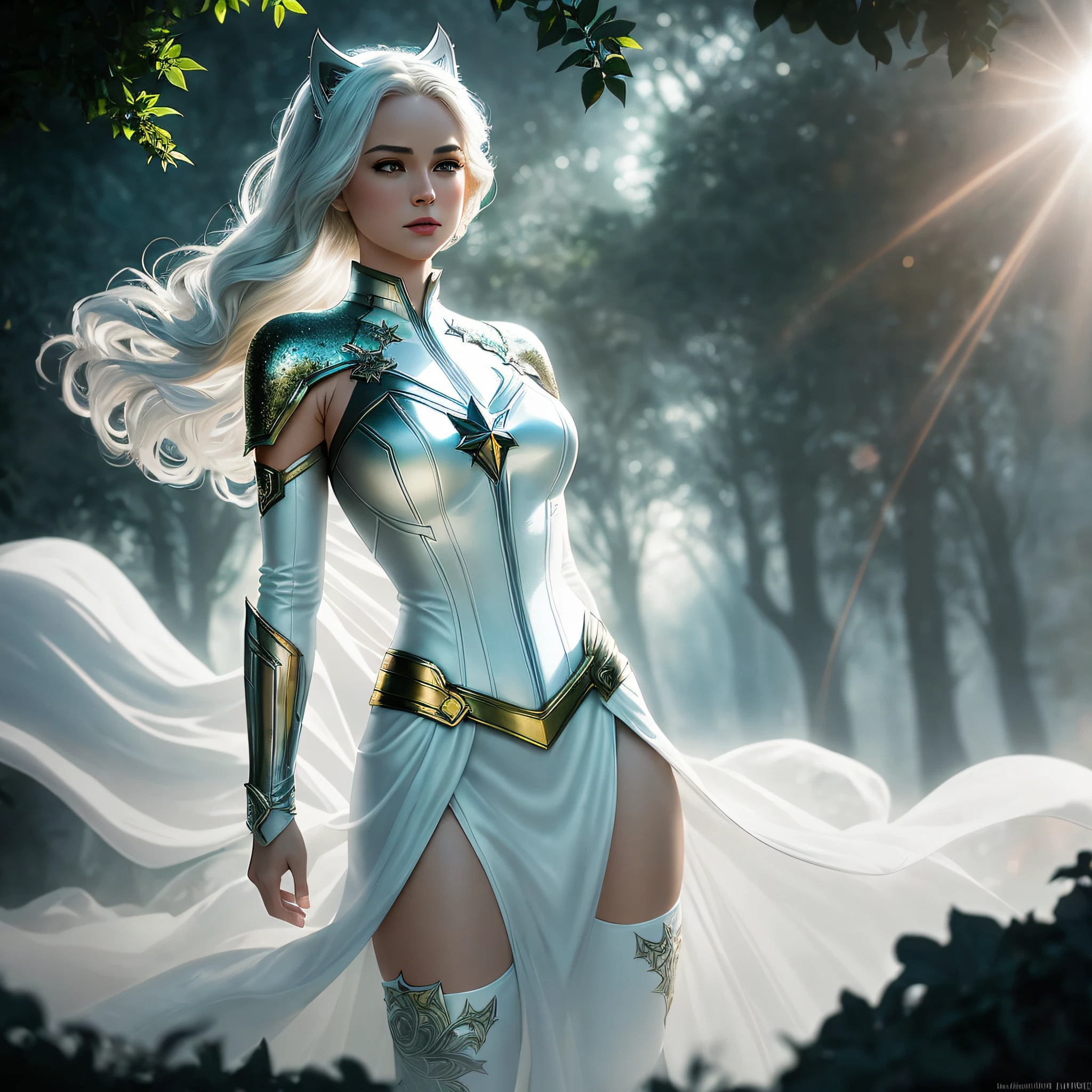 An enchanting, detailed, imaginative image of White Catwoman, an enigmatic superhero in the tradition of Captain Marvel and The Dark Knight, standing defiantly against a massive, swirling cloud. Her attire is adorned with intricate filigree patterns, emphasizing the sheer scale of her costume and her powers. The sunlight filters through the dense foliage, casting shimmering dappled light onto the scene and emphasizing the beauty of the scene. macro lens, slow shutter speed, shallow depth of field