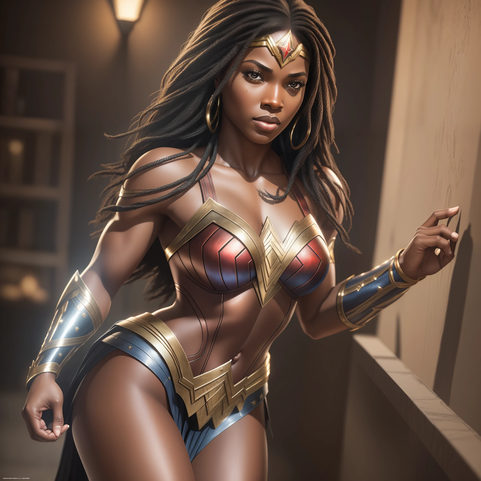 Black Wonder Woman, (realistic:1.3), finely detailed, quality, rembrandt lighting, (masterpiece:1.2), (photorealistic:1.2), (best quality), (detailed skin:1.3), (intricate details), dramatic, ray tracing,