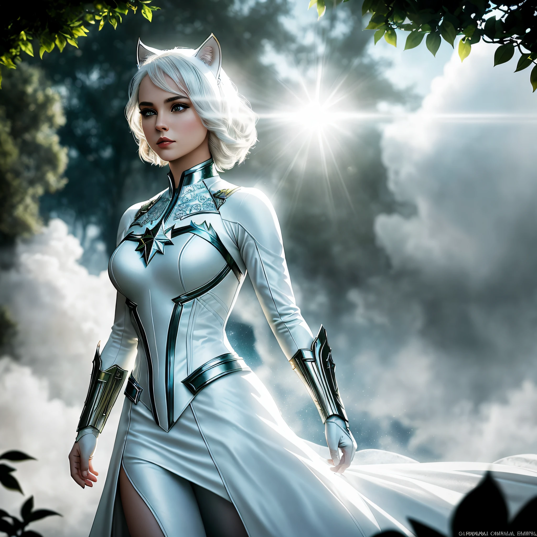 An enchanting, detailed, imaginative image of White Catwoman, an enigmatic superhero in the tradition of Captain Marvel and The Dark Knight, standing defiantly against a massive, swirling cloud. Her attire is adorned with intricate filigree patterns, emphasizing the sheer scale of her costume and her powers. The sunlight filters through the dense foliage, casting shimmering dappled light onto the scene and emphasizing the beauty of the scene. macro lens, slow shutter speed, shallow depth of field