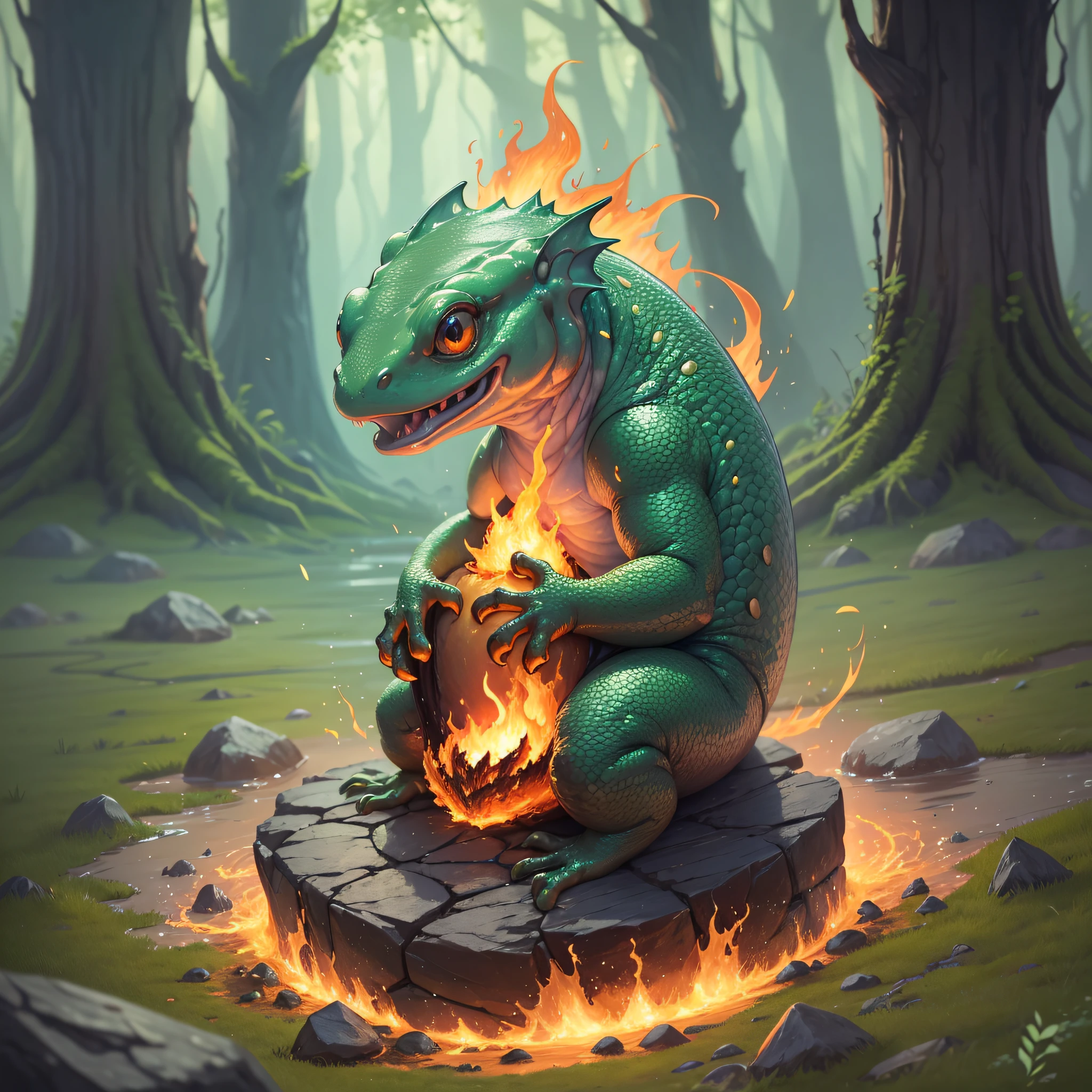 Imagine a salamander engulfed in flames. How would you illustrate the heat and light emitted by this creature in rpg game format --auto --s2
