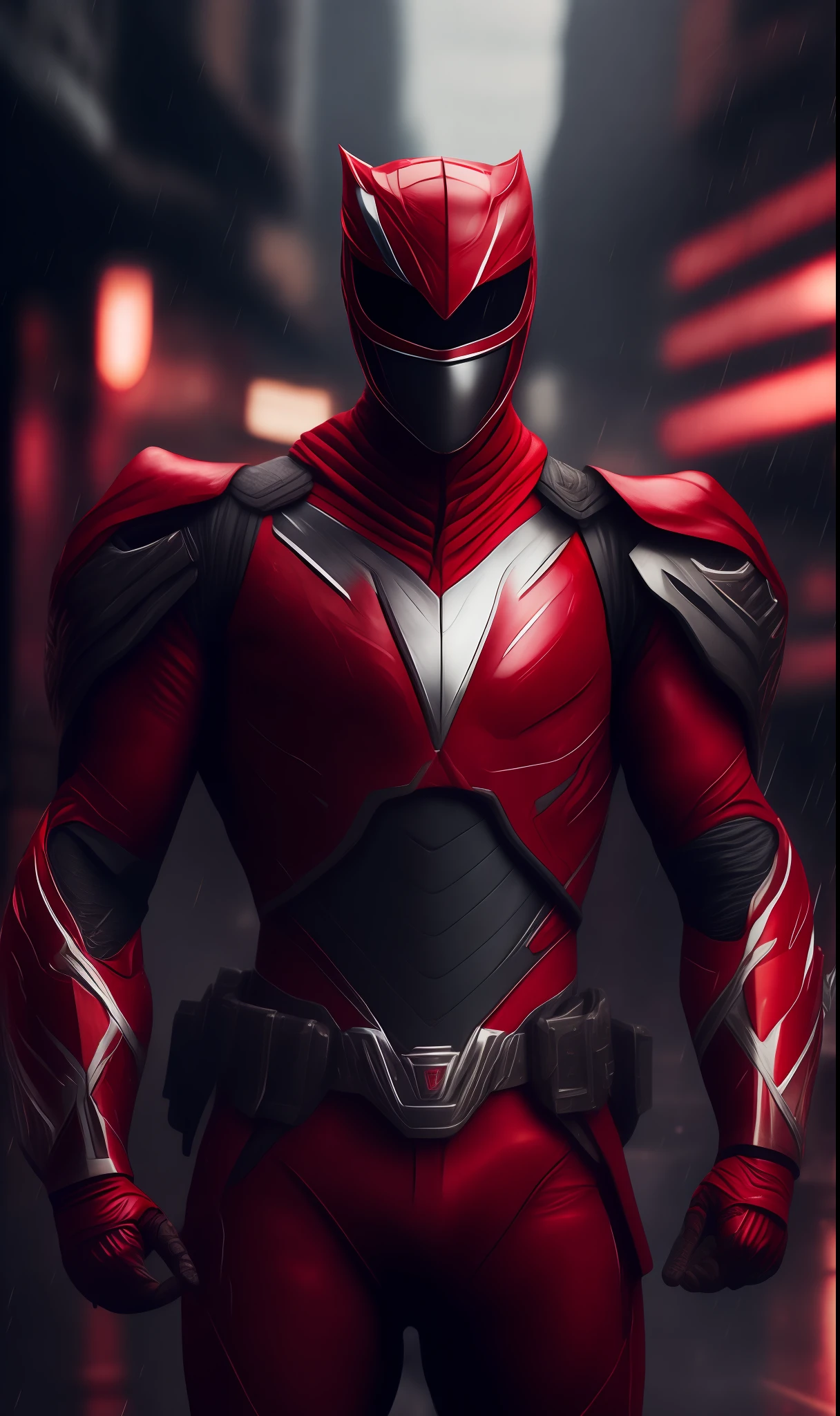 Photo of Red Ranger from Power Rangers standing outside the city 17, rainy, rtx, octane, unreal