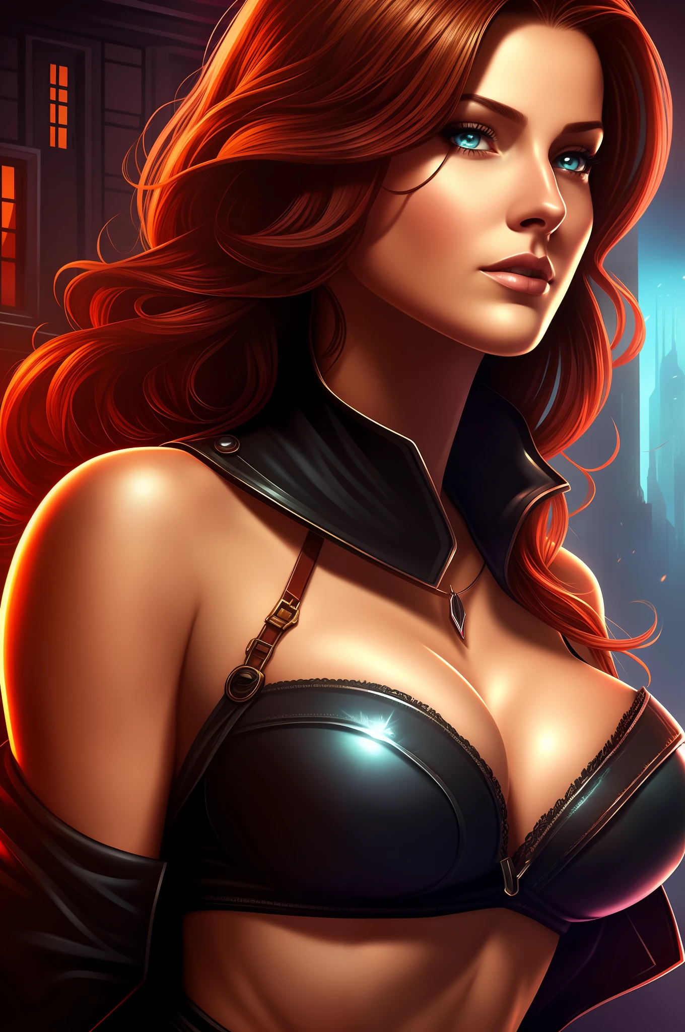 There is a woman with big neckline, firm breasts, big breasts, stylized urban fantasy art, Barbara Hammer 4K, stunning digital illustration, background art, high quality screenshot, female spy, detailed game art illustration, cover game art, amazing wallpaper, glamorous Jill Valentine, game illustration, art cover illustration,  Beautiful digital art, epic portrait illustration, stunning screenshot, brilliant digital painting