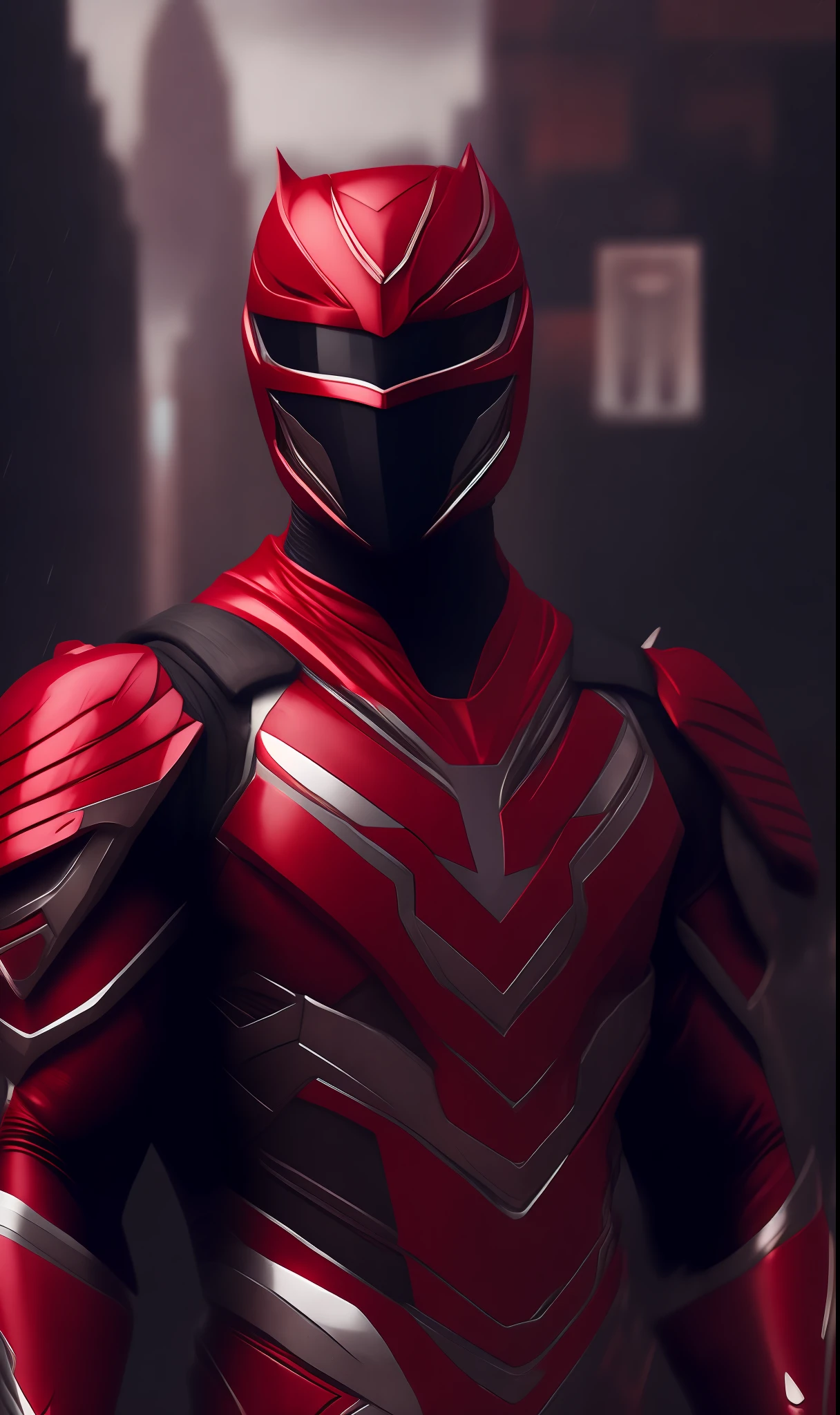 Photo of Red Ranger from Power Rangers standing outside the city 17, rainy, rtx, octane, unreal
