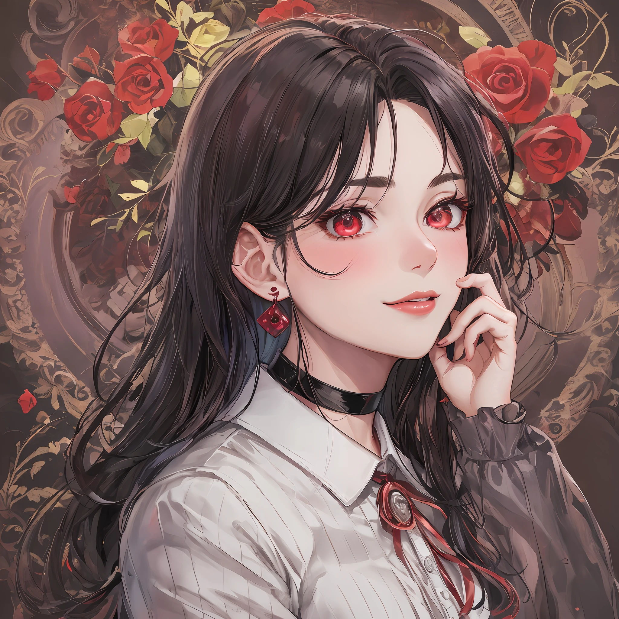 "(cartoon, painting style) portraying a beautiful mature woman wearing a masculine white button up long sleeve and black formal pants, small earrings, captivating red eyes, heart shaped pupils, defined eyebrows, blush, light red lips, choker, and short wavy black hair in a clean portrait, close-up, coy smirk, slight head tilt, succulent defined lips, defined neck, looking at the viewer, dark red rose garden background, - resulting in a masterpiece of the best possible quality."