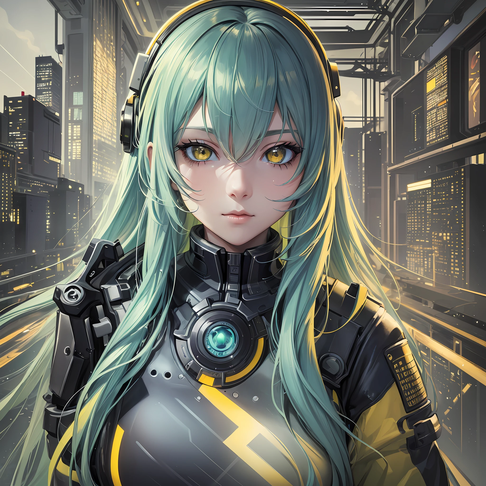 (best quality, artist, illustrator), (best brightness), (best lighting), (extremely detailed 8k CG wallpaper), (1 girl), yellow eyes, long blue hair, blue-green eyes, background of a technological electronic place