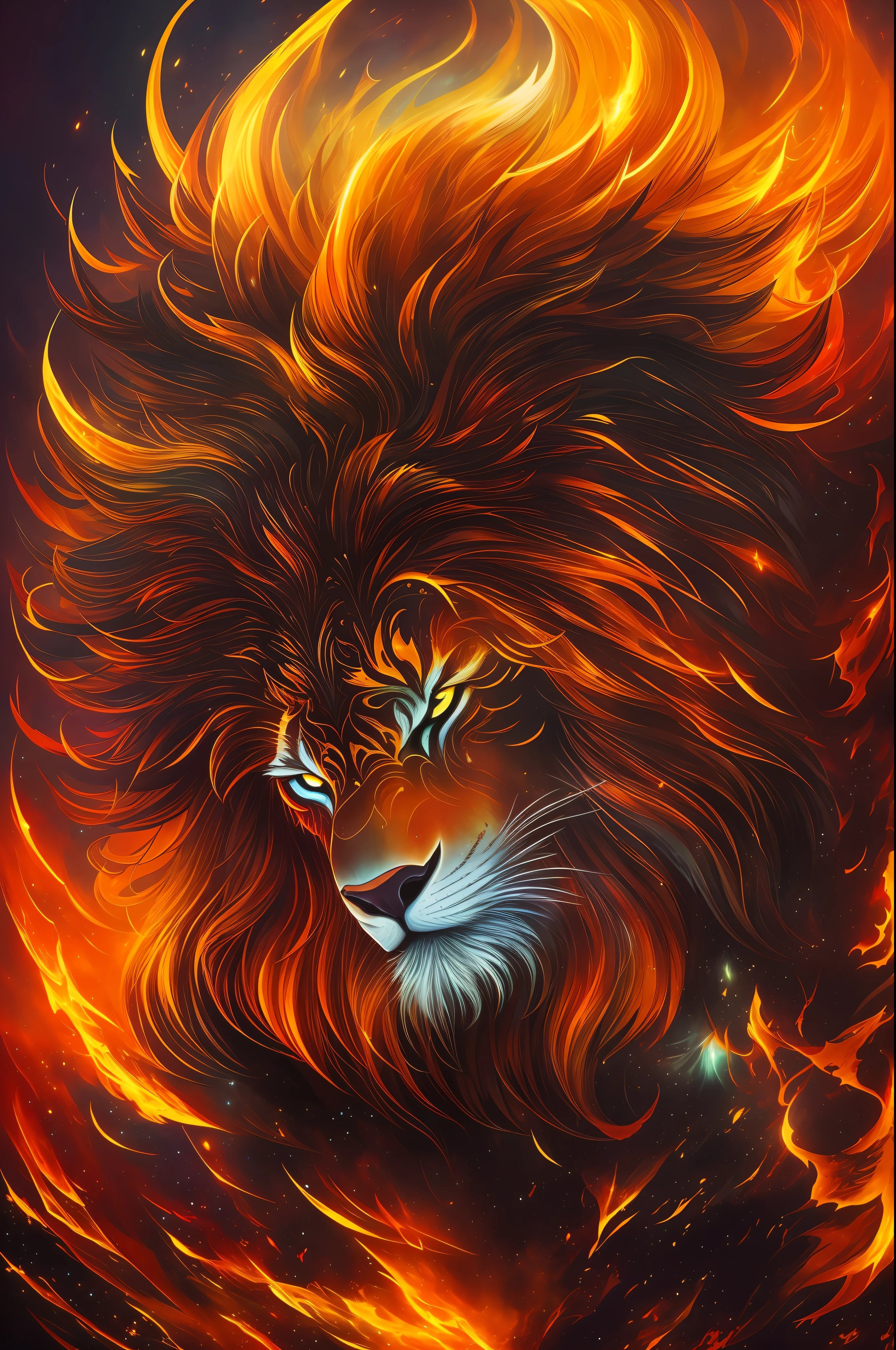 (masterpiece), best quality, ultra-detailed, (painterly), (fantasy art), (magical creature), black lion, (glowing eyes), (fiery mane), (dramatic pose), dynamic lighting, (vibrant colors), (mesmerizing atmosphere), (mysterious aura). --auto --s2