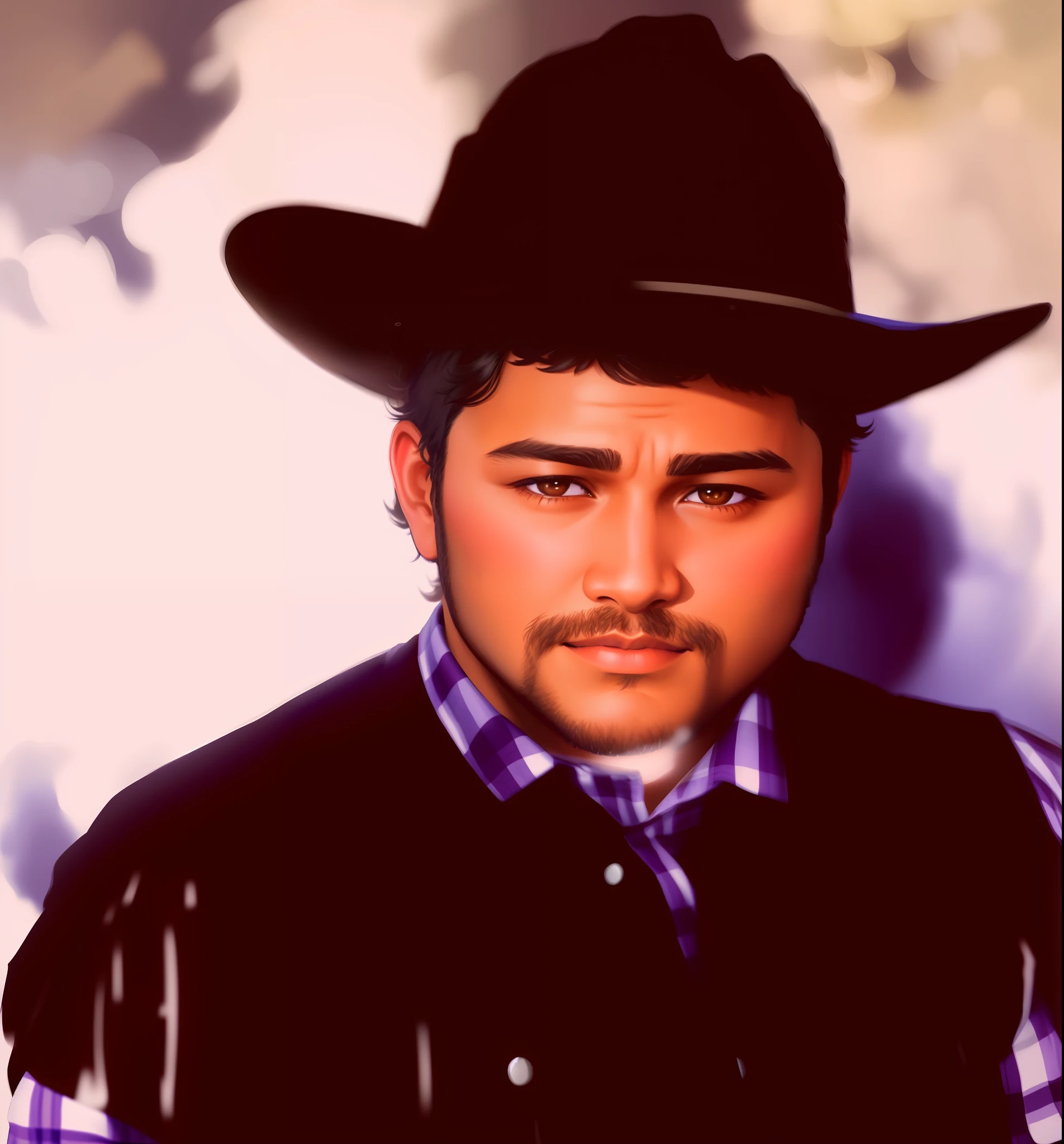 There's a fat, dark-skinned young man wearing a cowboy hat and a plaid shirt, wearing a, wearing a cowboy hat, [Greg Rutkowski], cowboy portrait, Mexican cowboy, wearing cowboy hat, cowboy, grainy photo, portrait of a 🖥 cowboy, profile picture, anime art style illustration high quality