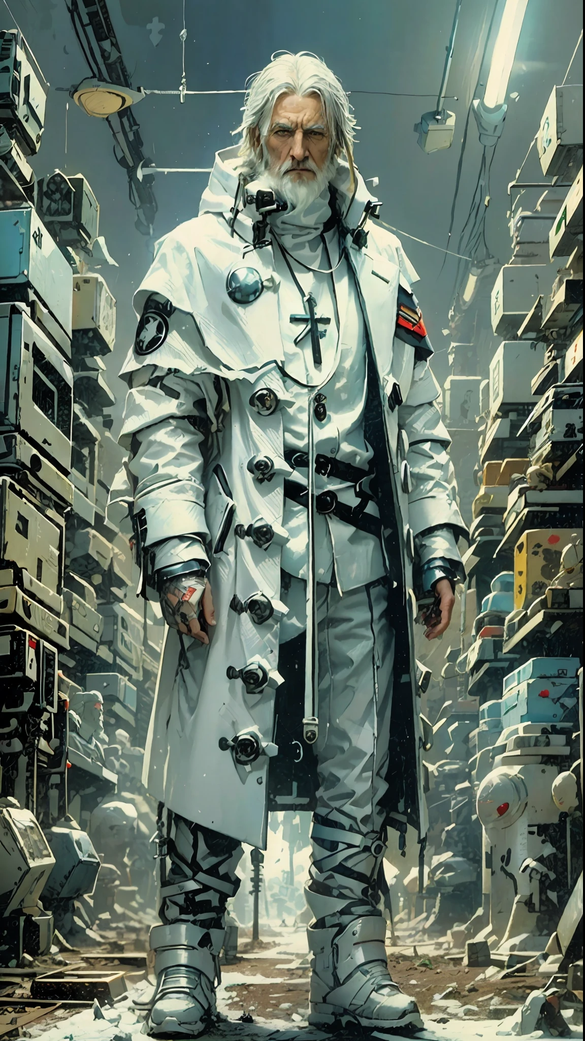 a 70 year old man, full body, cold, layers of white clothes, futuristic Cyberpunk suit, librarian, writer, white bulky clothes, futuristic clothes, [Liam Neeson] priest, librarian, short hair, big top, pointed white beard, tattoo on the eye, stylized sun tattoo on the right eye, futuristic clothes, layered clothes, cold inspired by Adrienn Henczné Deáki, pants, cold, cloak hair, inspired by Olivia de Berardinis