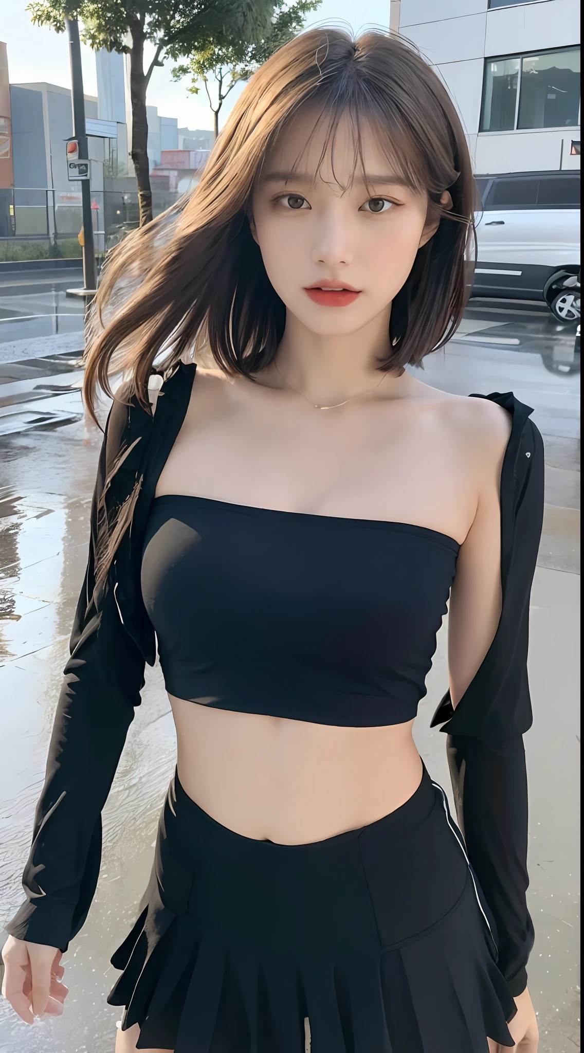 ((Best Quality, 8k, Masterpiece:1.3)), Focus:1.2, Perfect Body Beauty:1.4, Buttocks:1.2, ((Layered Haircut, Breasts:1.2)), (Wet Clothes:1.1) , (Rain, Street:1.3), Bandeau Dress: 1.1, Highly Detailed Face and Skin Texture, Fine Eyes, Double Eyelids, Whitened Skin, Long Hair, (Shut Up: 1.3)