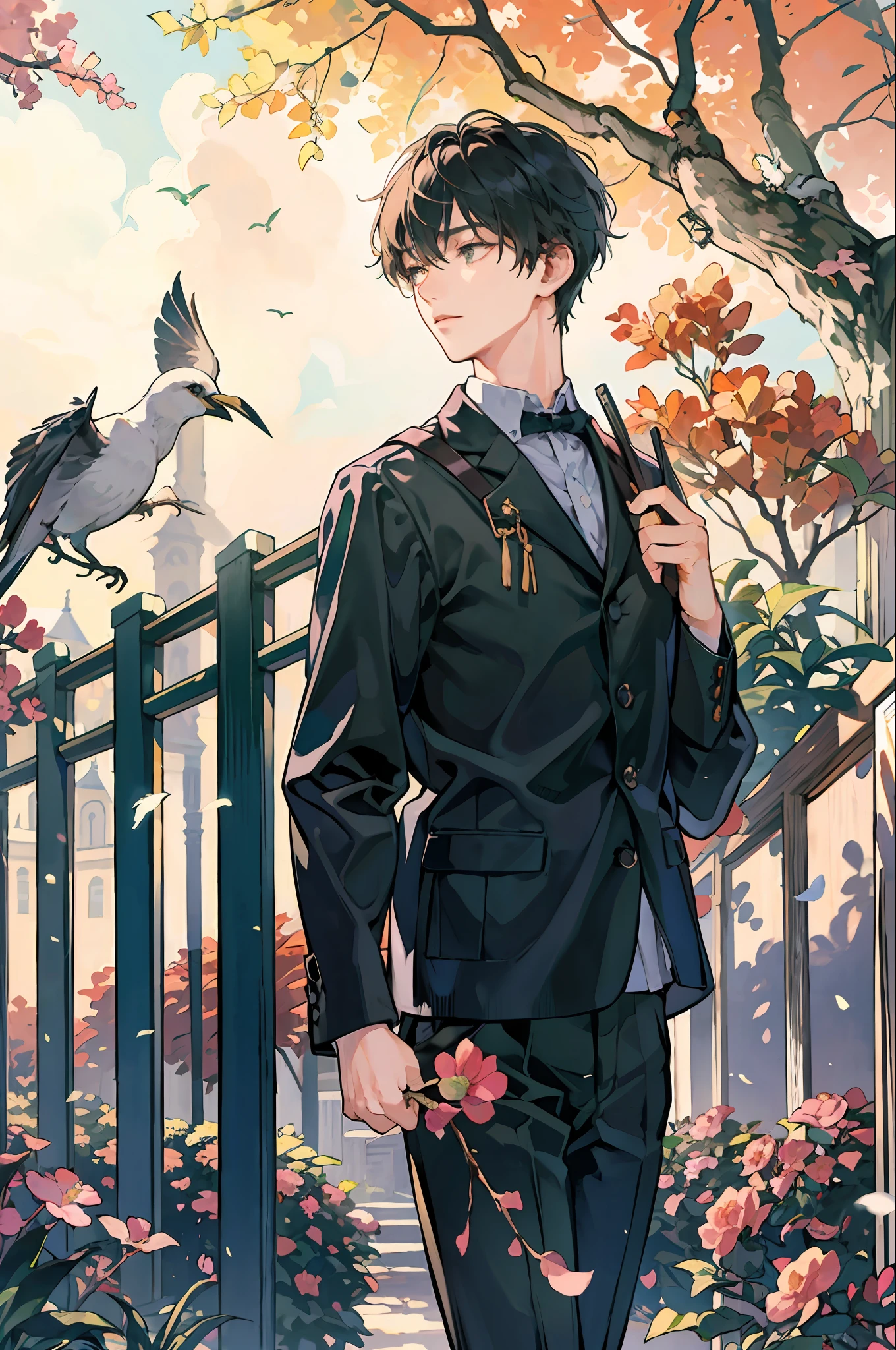 masterpiece, best quality, 1boy, male focus, handsome, residential area, fence, spindle trees, afternoon sun, the way home from school, school uniform, backpack, flock of birds, from directly side, depth of field , looking to the camera