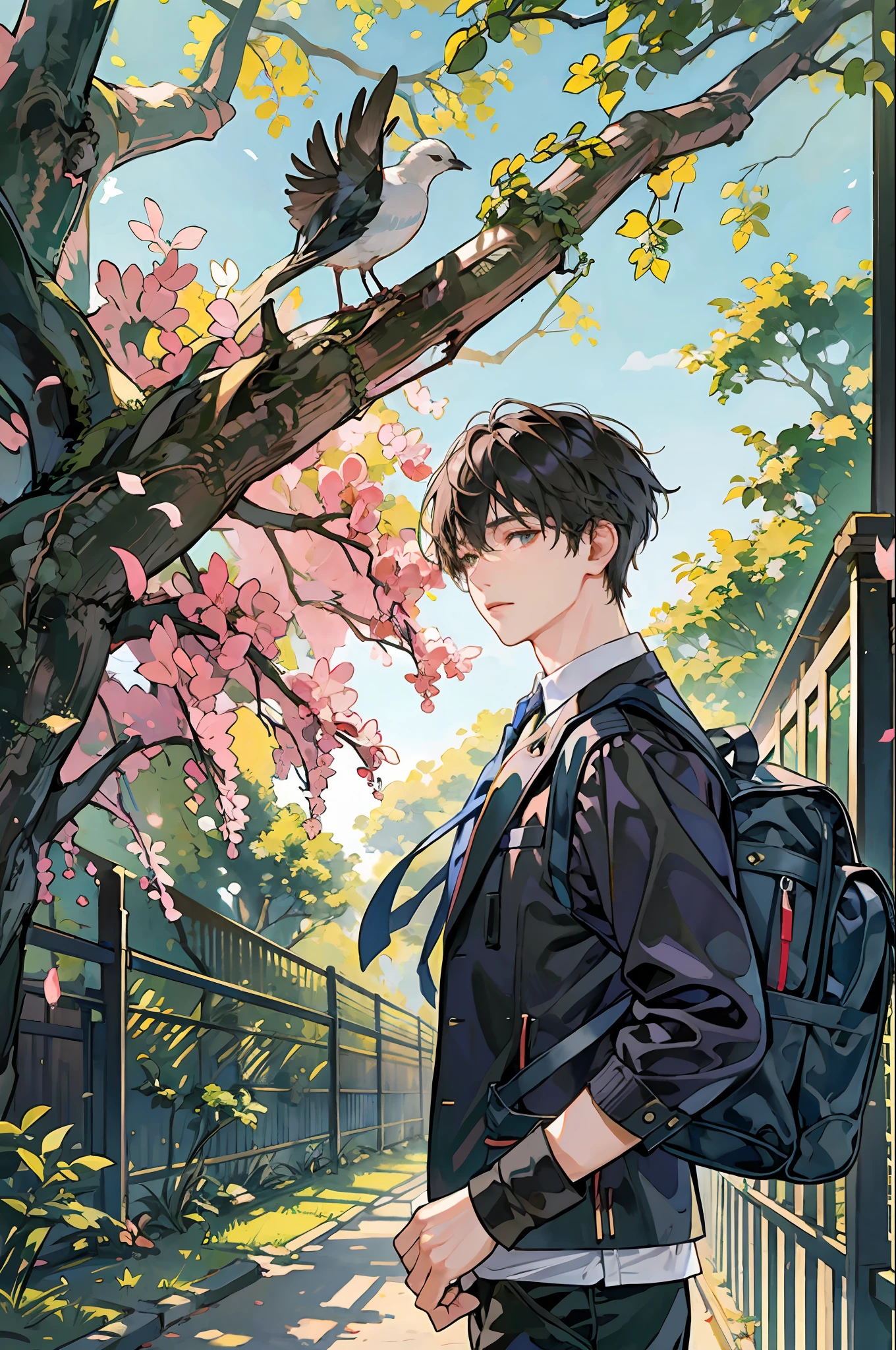 masterpiece, best quality, 1boy, male focus, handsome, residential area, fence, spindle trees, afternoon sun, the way home from school, school uniform, backpack, flock of birds, from directly side, depth of field , looking to the camera