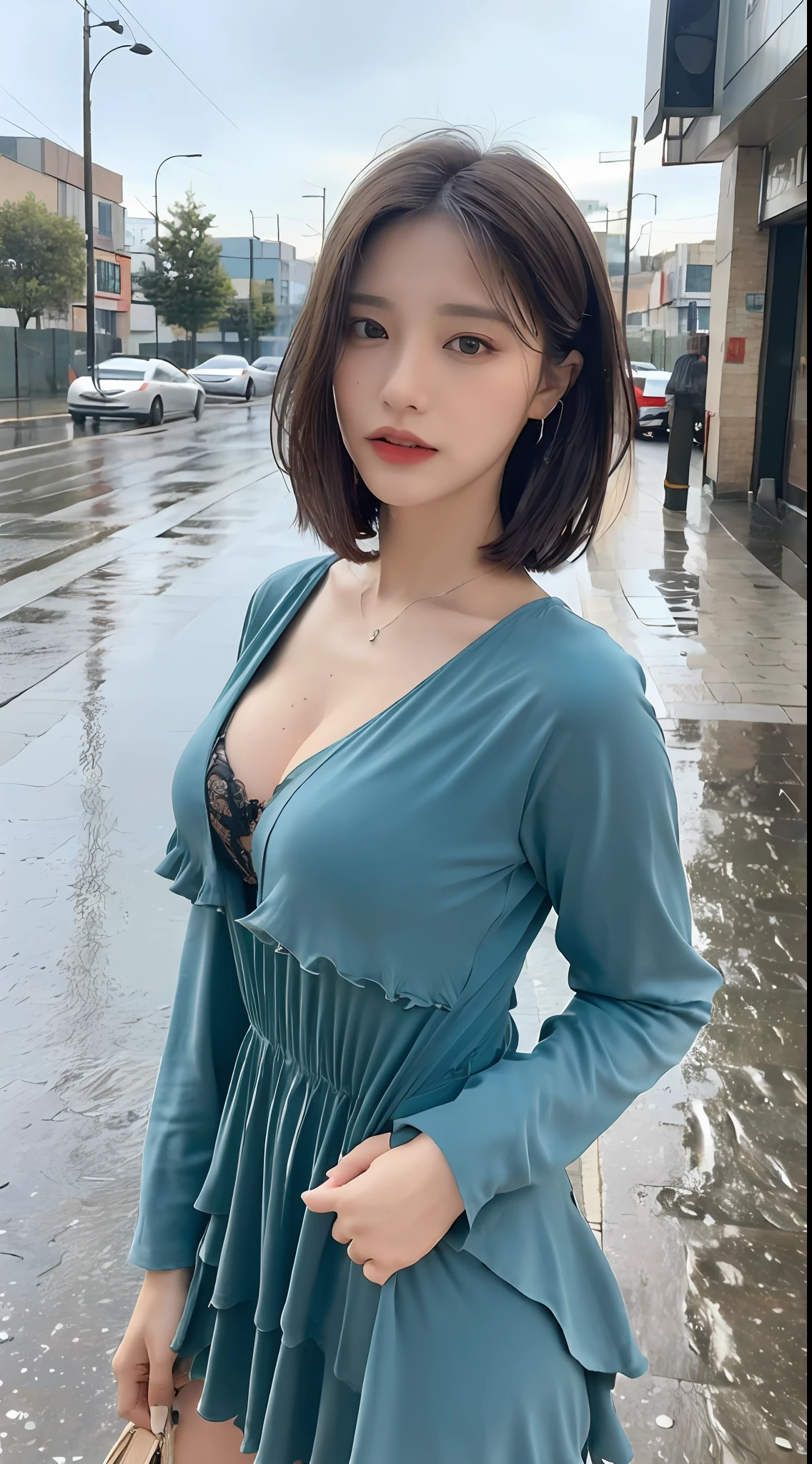 ((Best Quality, 8k, Masterpiece:1.3)), Focus:1.2, Perfect Body Beauty:1.4, Buttocks:1.2, ((Layered Haircut, Breasts:1.2)), (Wet Clothes:1.1) , (Rain, Street:1.3), Bandeau Dress: 1.1, Highly Detailed Face and Skin Texture, Fine Eyes, Double Eyelids, Whitened Skin, Long Hair, (Shut Up: 1.3)