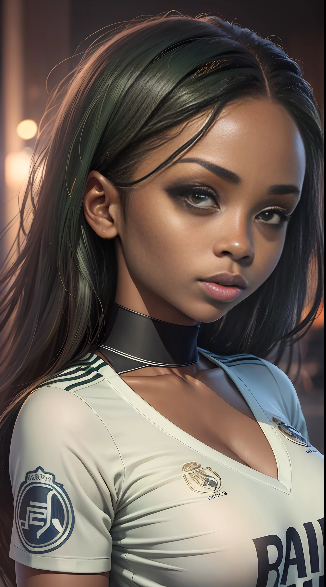 (Face of African American Girl)big green eyes,mouth with fleshy lips,long and smooth callels,with official shirt of real Madrid, big breasts,16k raw, hyper realistic, detailed at night (No nudes) --auto --s2