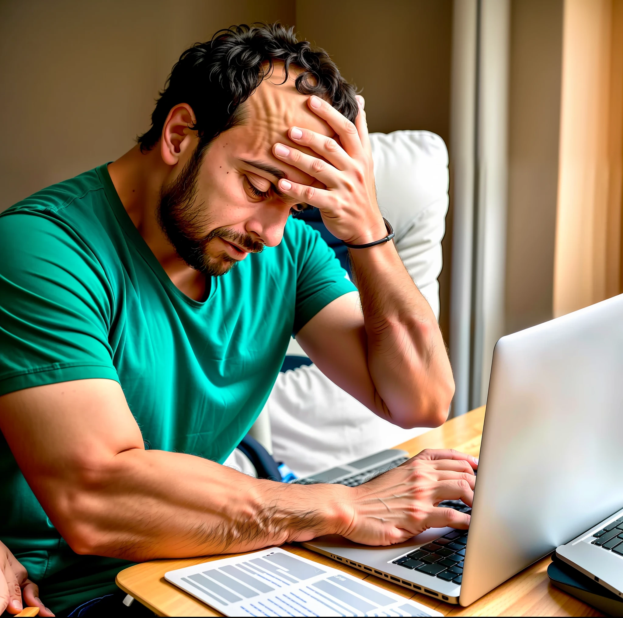 arafed man sitting on a couch with his laptop in front of him, struggling, technological anguish, frustrated, in front of a computer, sitting at a computer, sitting in front of computer, frustrated expression, stressed expression, trying to study, worried, frustration, concerned, sad man, with a laptop on his lap, frustrated detailed