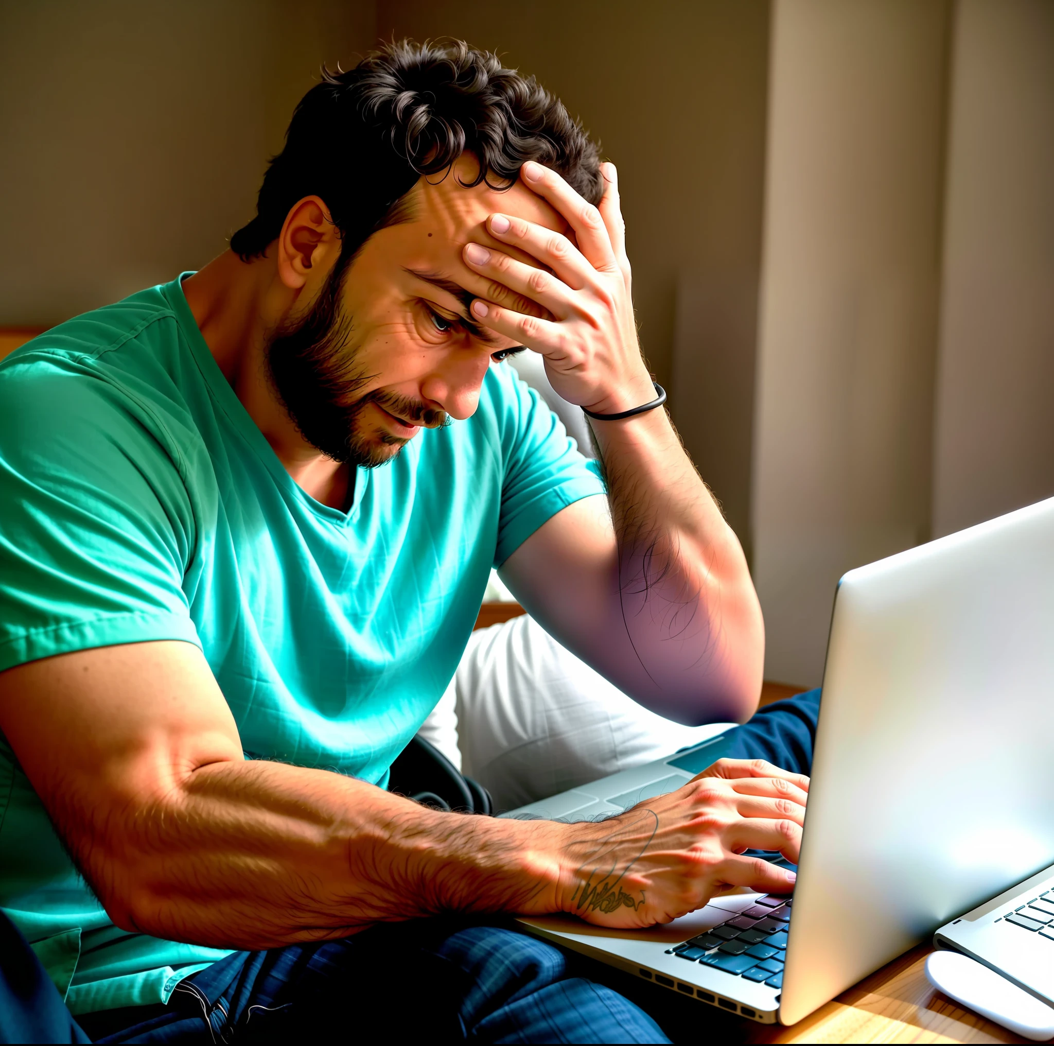 arafed man sitting on a couch with his laptop in front of him, struggling, technological anguish, frustrated, in front of a computer, sitting at a computer, sitting in front of computer, frustrated expression, stressed expression, trying to study, worried, frustration, concerned, sad man, with a laptop on his lap, frustrated detailed