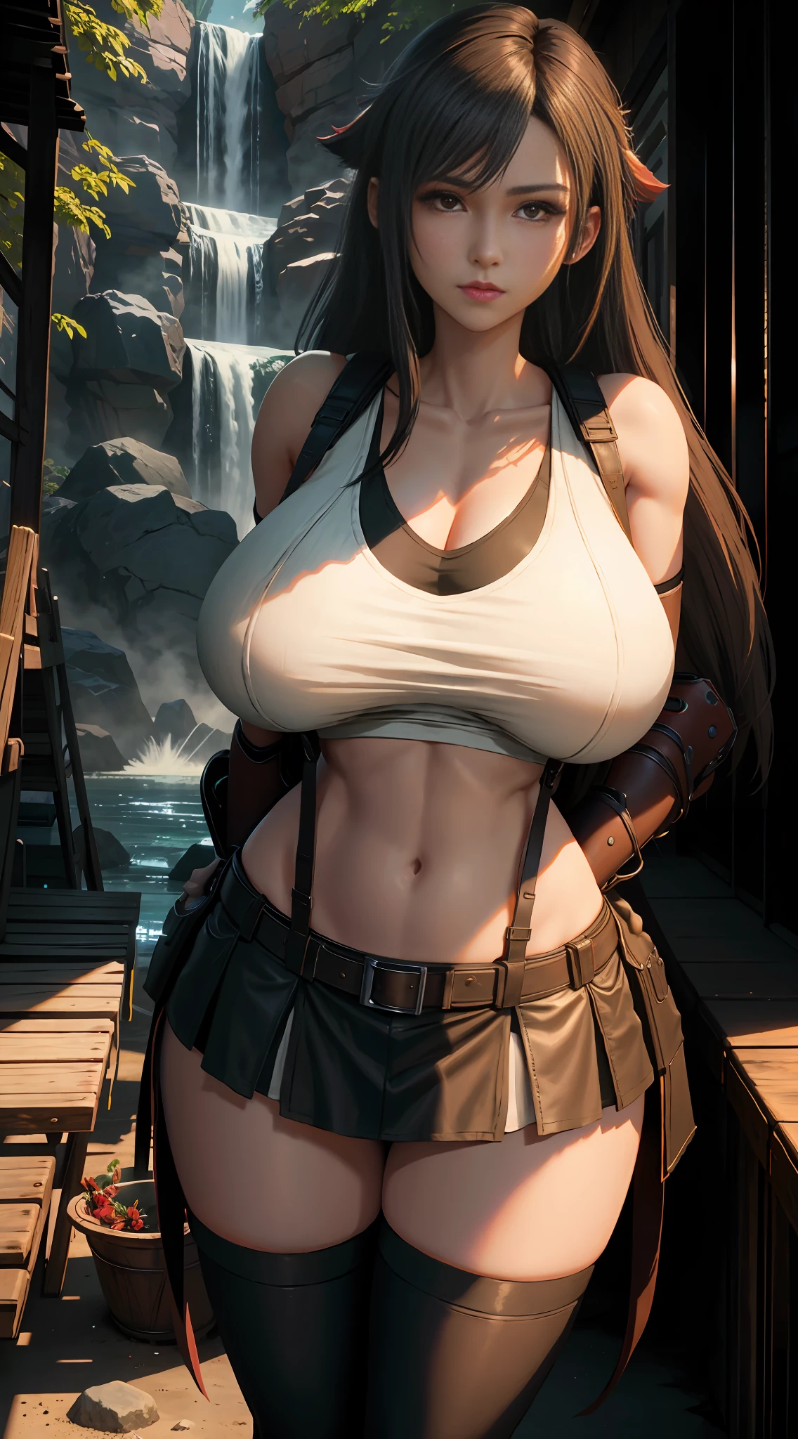 Tifa lockhart, tifa_lockhart, ff7, sultry face, (white tank top:1.4), black latex miniskirt, (very long black hair:1.3), hair bangs (red eyes:1.4) long eyelashes, beautiful red eyes with brightness, surrealism, shadow, stereogram, (photorealistic, realistic: 1.2), POV, atmospheric perspective, cinematic lighting, ray tracing, 8k, super detail, best quality, masterpiece, well detailed, (Canon EOS R6, 135mm, 1/1250s, f/2.8, ISO 400:0.9), standing by a waterfall, red combat gloves, stockings, suspenders, big breasts, slim, large boobs, huge boobs, (((ridiculously large breasts))), (absurdly huge breasts:1.5), ((gigantomastia)), ((macromastia)), (((gigantic breasts))), (((((enormous breast))))), (one girl:1.5)