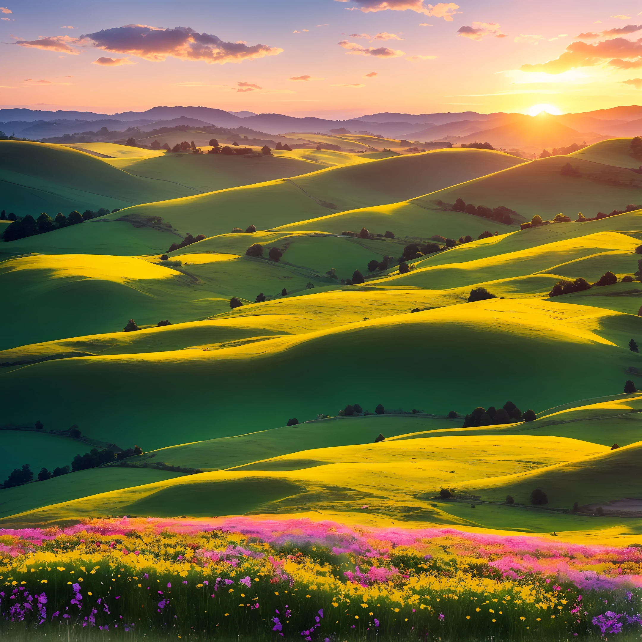 hills, landscape, fields, grasslands, tiny forest on background, sunset, flowers on foreground, flowers on hills